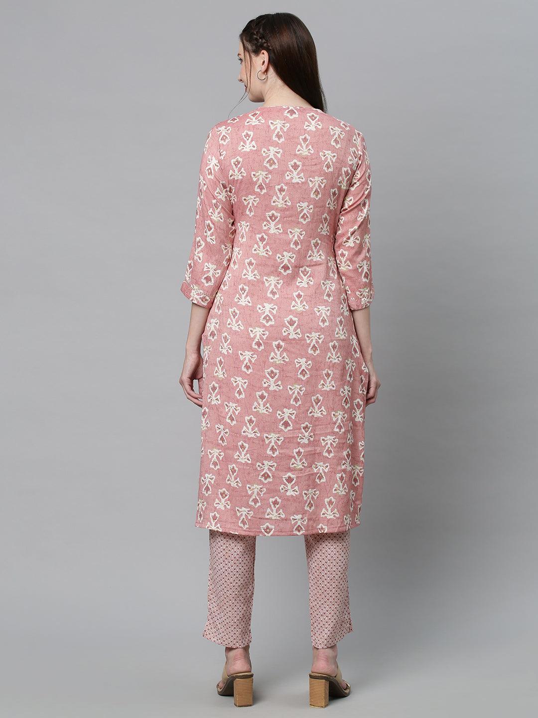 Ethnic Printed & Embroidered Straight Fit Kurta with Pants - Pink - Indiakreations