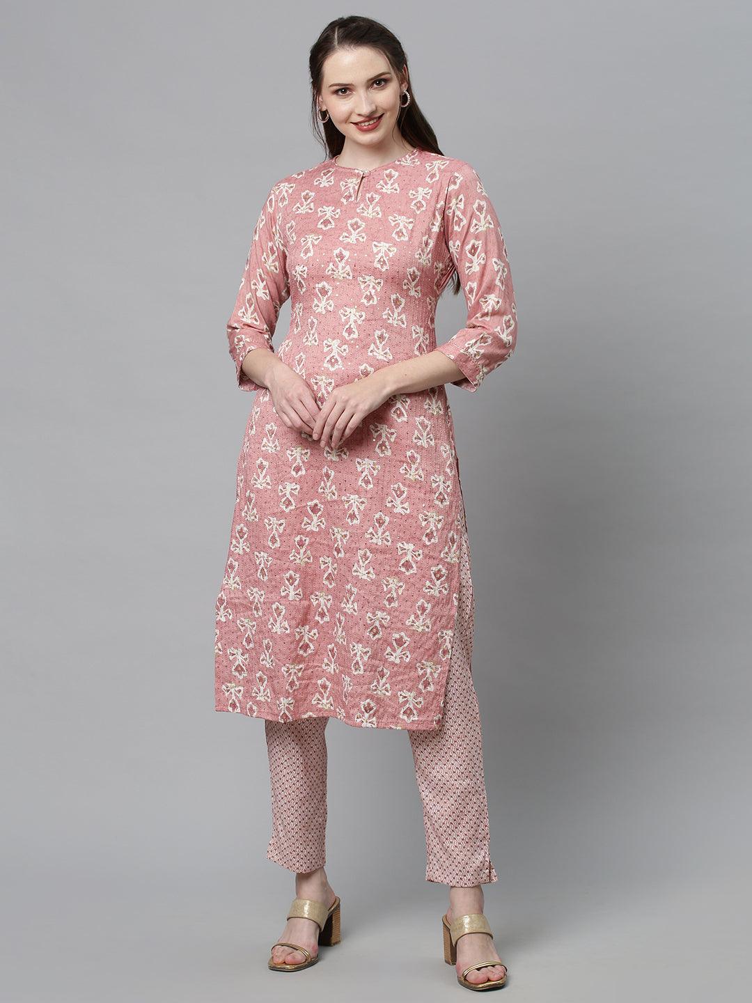 Ethnic Printed & Embroidered Straight Fit Kurta with Pants - Pink - Indiakreations