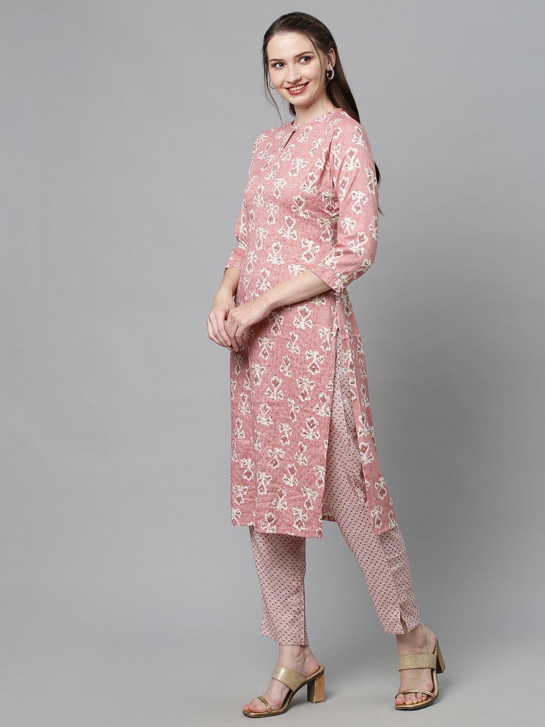 Ethnic Printed & Embroidered Straight Fit Kurta with Pants - Pink - Indiakreations