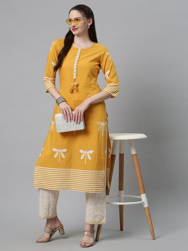 Ethnic Printed & Embroidered Straight Fit Kurta with Pants - Yellow - Indiakreations