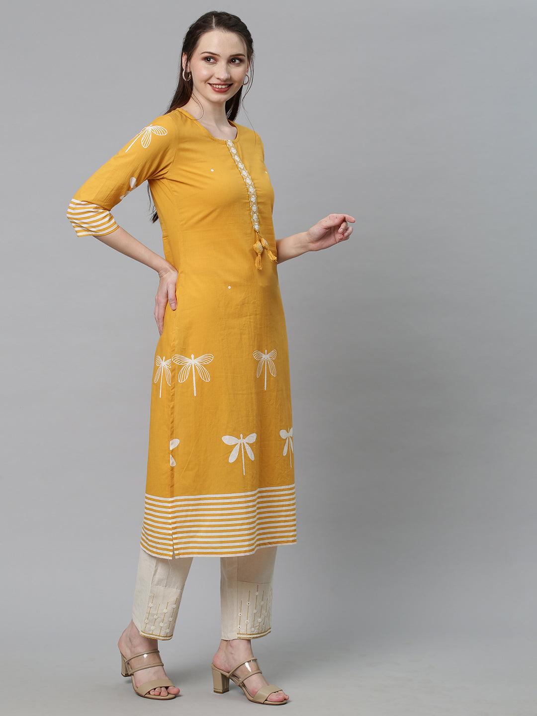 Ethnic Printed & Embroidered Straight Fit Kurta with Pants - Yellow - Indiakreations