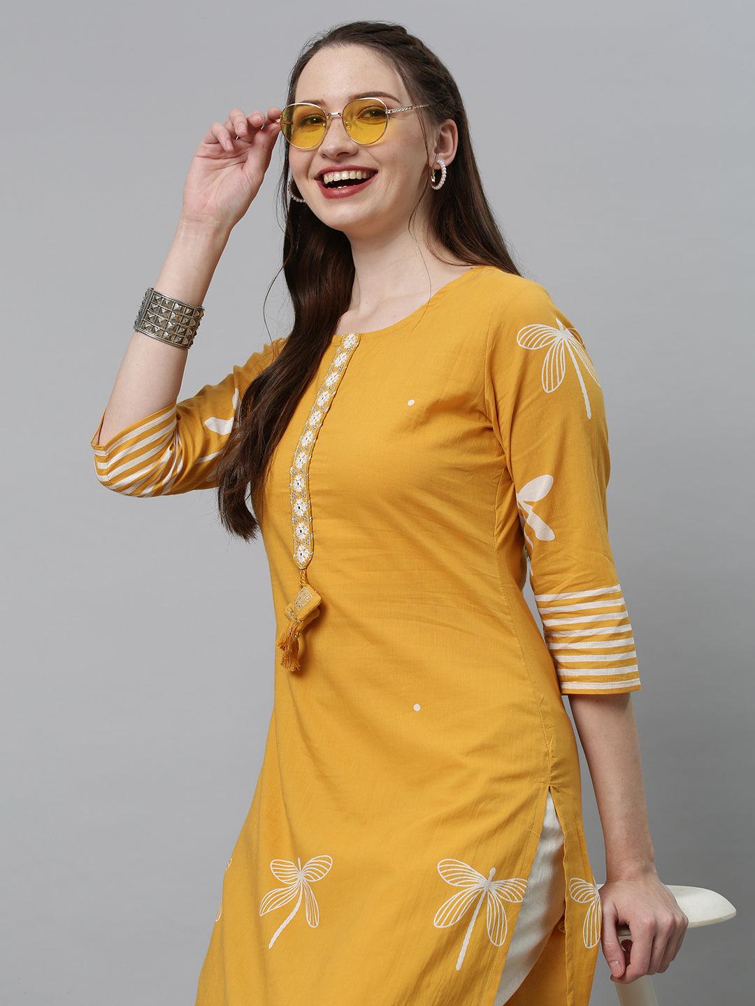 Ethnic Printed & Embroidered Straight Fit Kurta with Pants - Yellow - Indiakreations