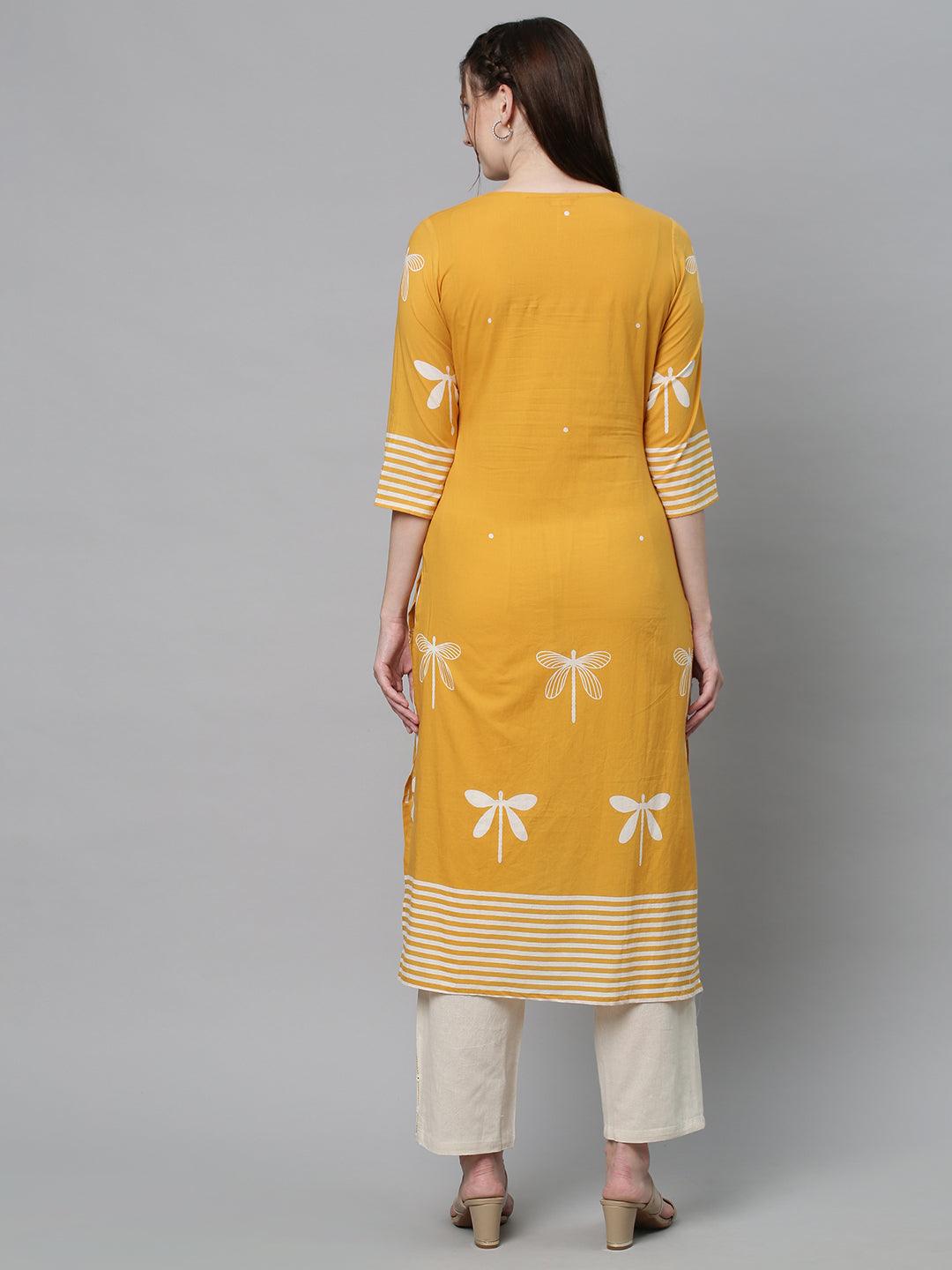 Ethnic Printed & Embroidered Straight Fit Kurta with Pants - Yellow - Indiakreations