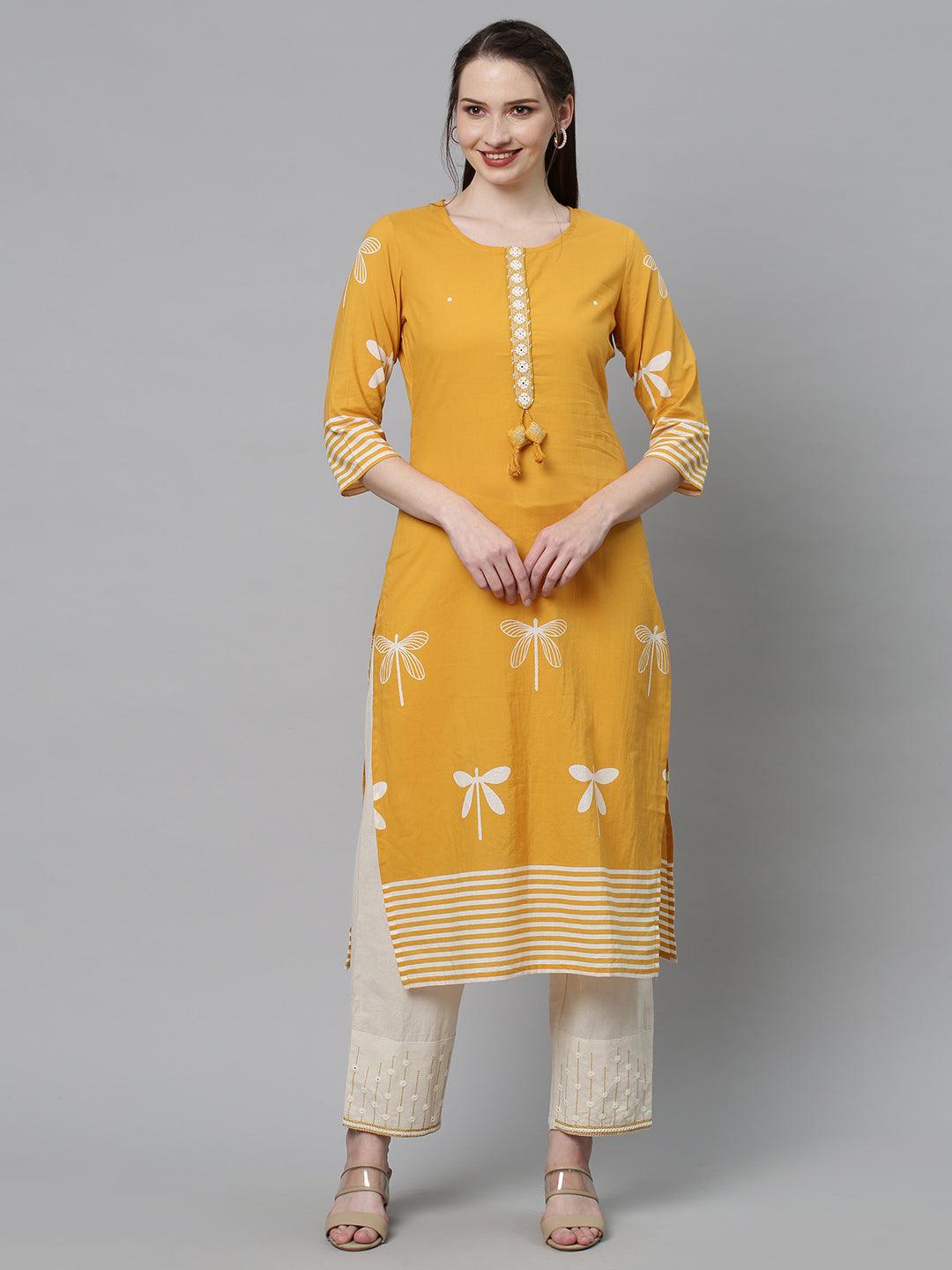 Ethnic Printed & Embroidered Straight Fit Kurta with Pants - Yellow - Indiakreations