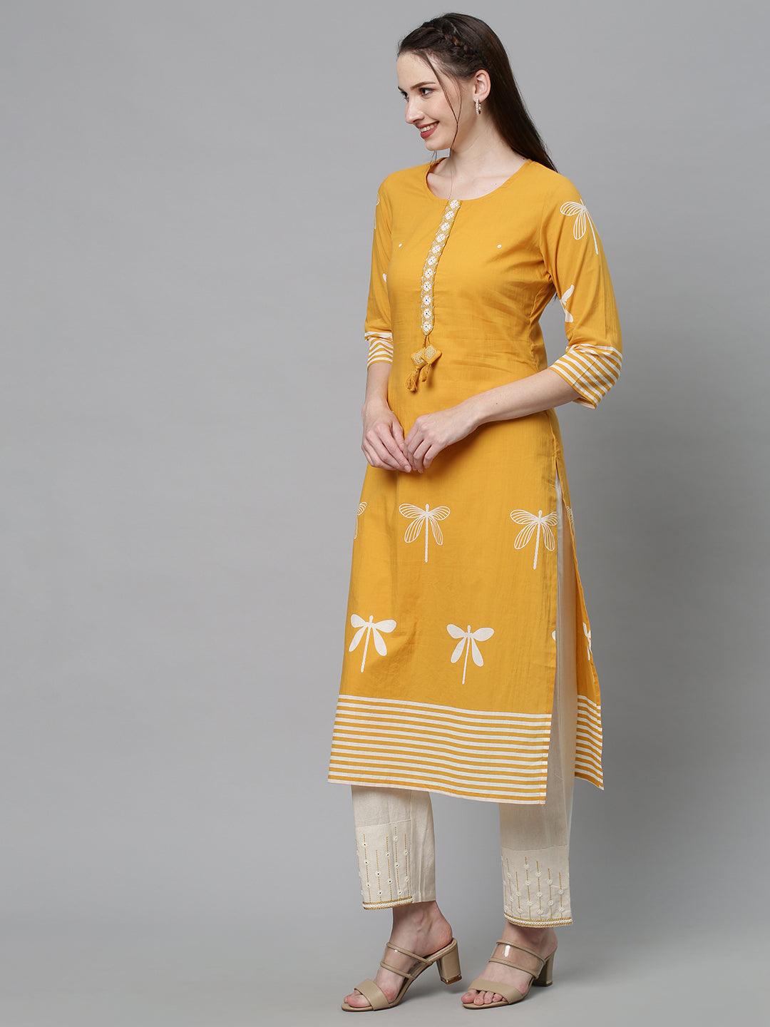 Ethnic Printed & Embroidered Straight Fit Kurta with Pants - Yellow - Indiakreations