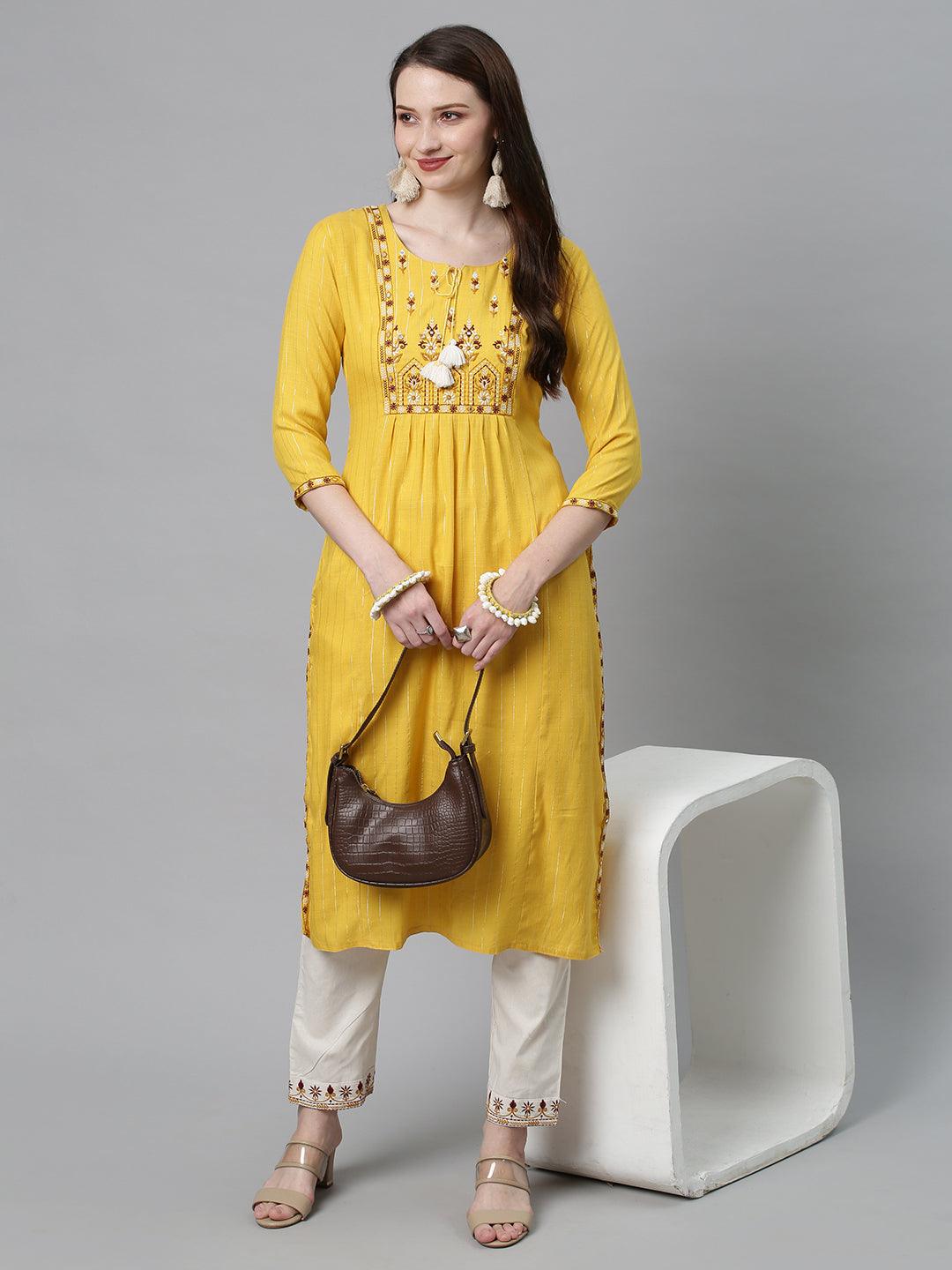 Ethnic Embroidered Straight Fit Kurta with Pants - Yellow - Indiakreations