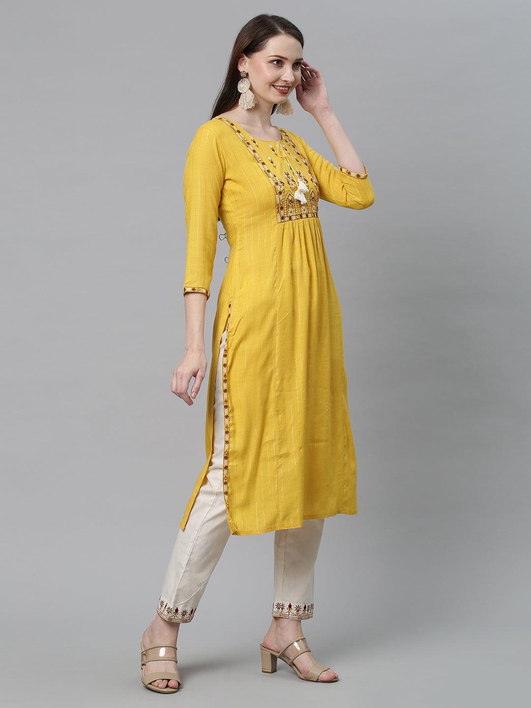 Ethnic Embroidered Straight Fit Kurta with Pants - Yellow - Indiakreations