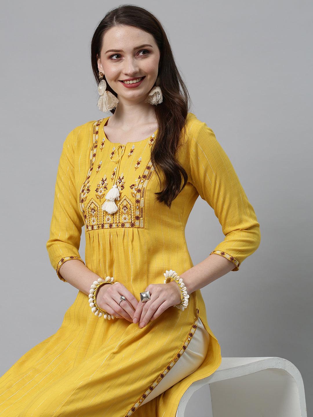 Ethnic Embroidered Straight Fit Kurta with Pants - Yellow - Indiakreations