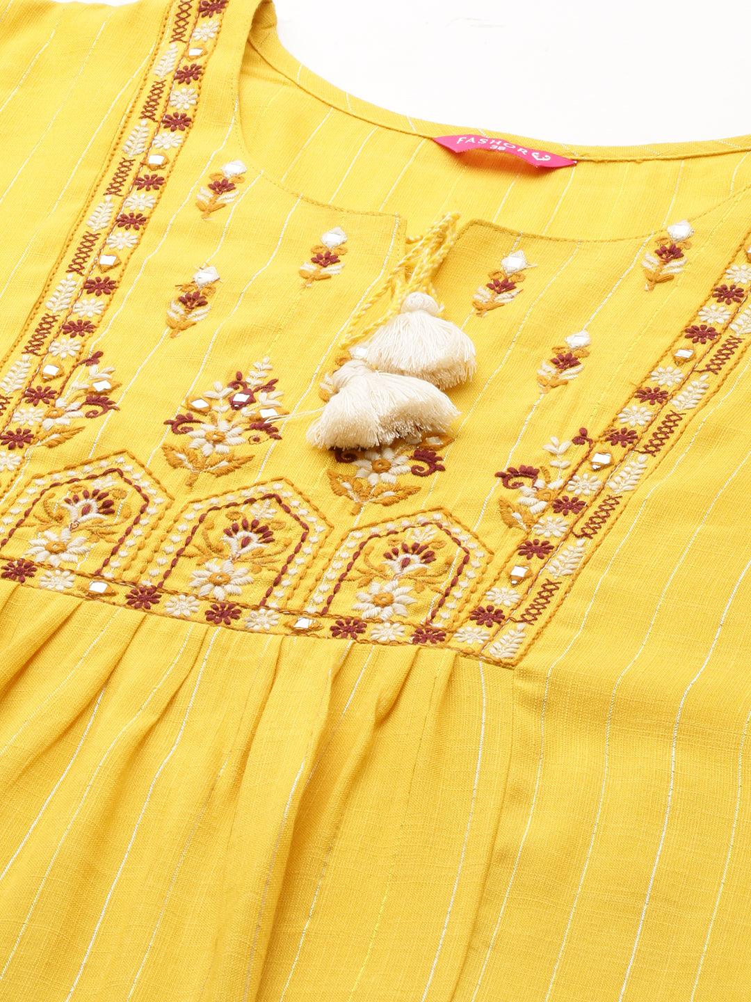 Ethnic Embroidered Straight Fit Kurta with Pants - Yellow - Indiakreations