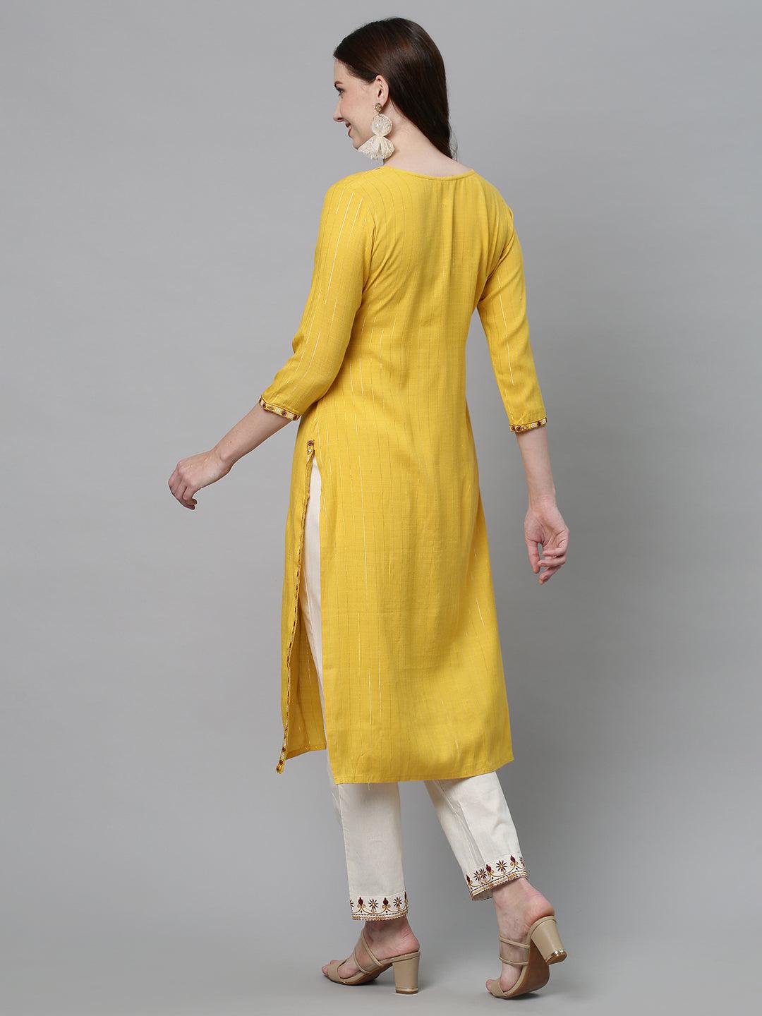 Ethnic Embroidered Straight Fit Kurta with Pants - Yellow - Indiakreations