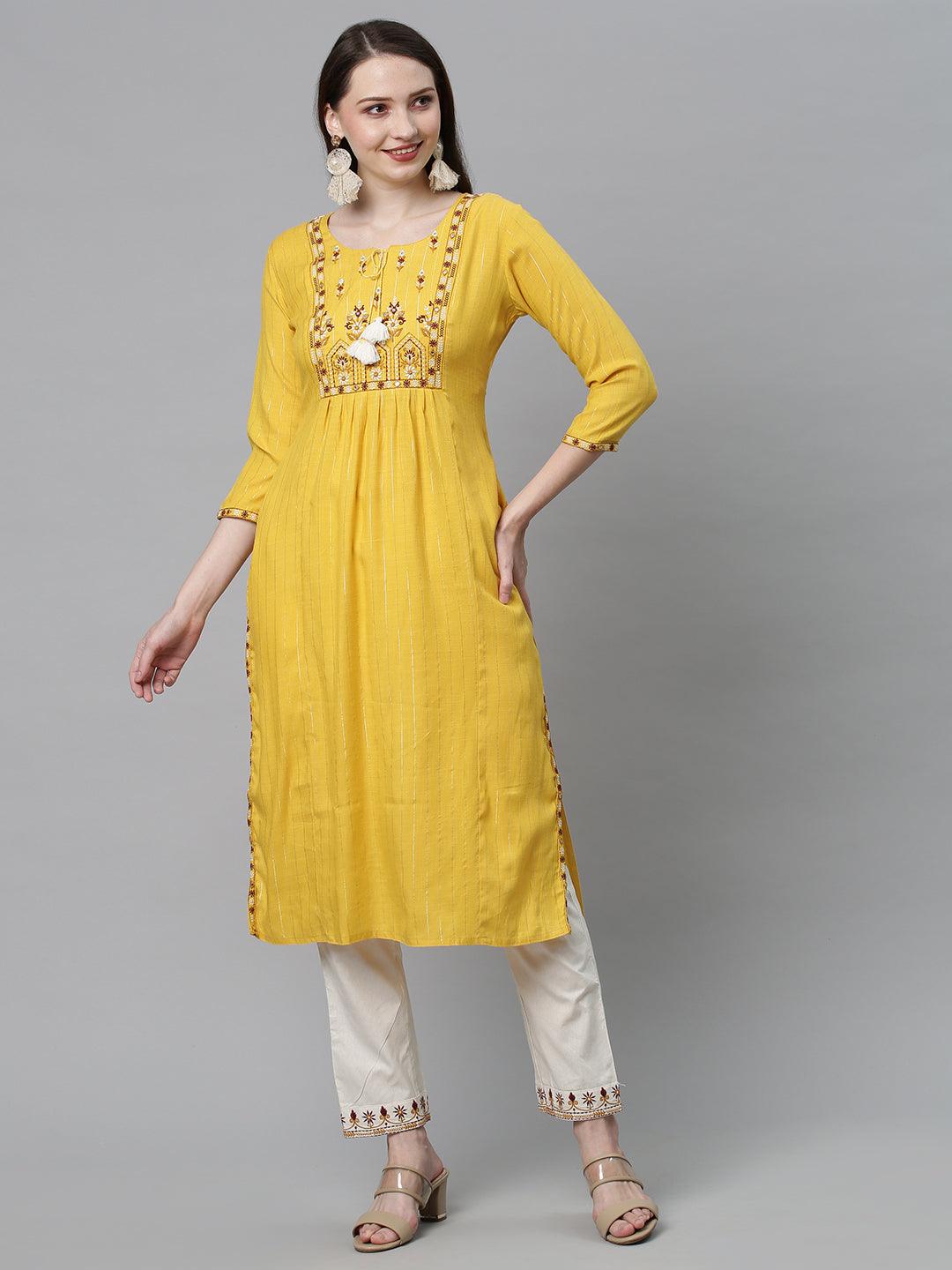 Ethnic Embroidered Straight Fit Kurta with Pants - Yellow - Indiakreations