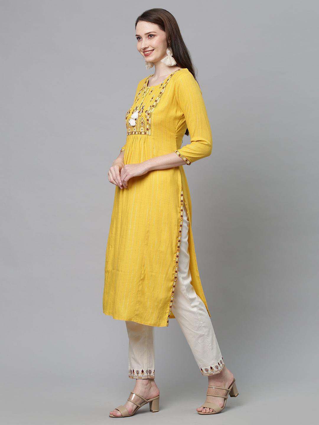 Ethnic Embroidered Straight Fit Kurta with Pants - Yellow - Indiakreations