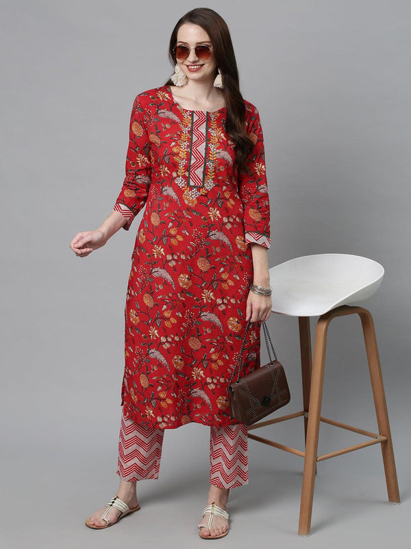 Floral Printed & Embroidered Straight Fit Kurta with Pants - Red - Indiakreations