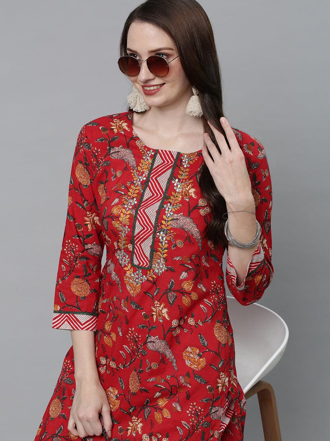 Floral Printed & Embroidered Straight Fit Kurta with Pants - Red - Indiakreations