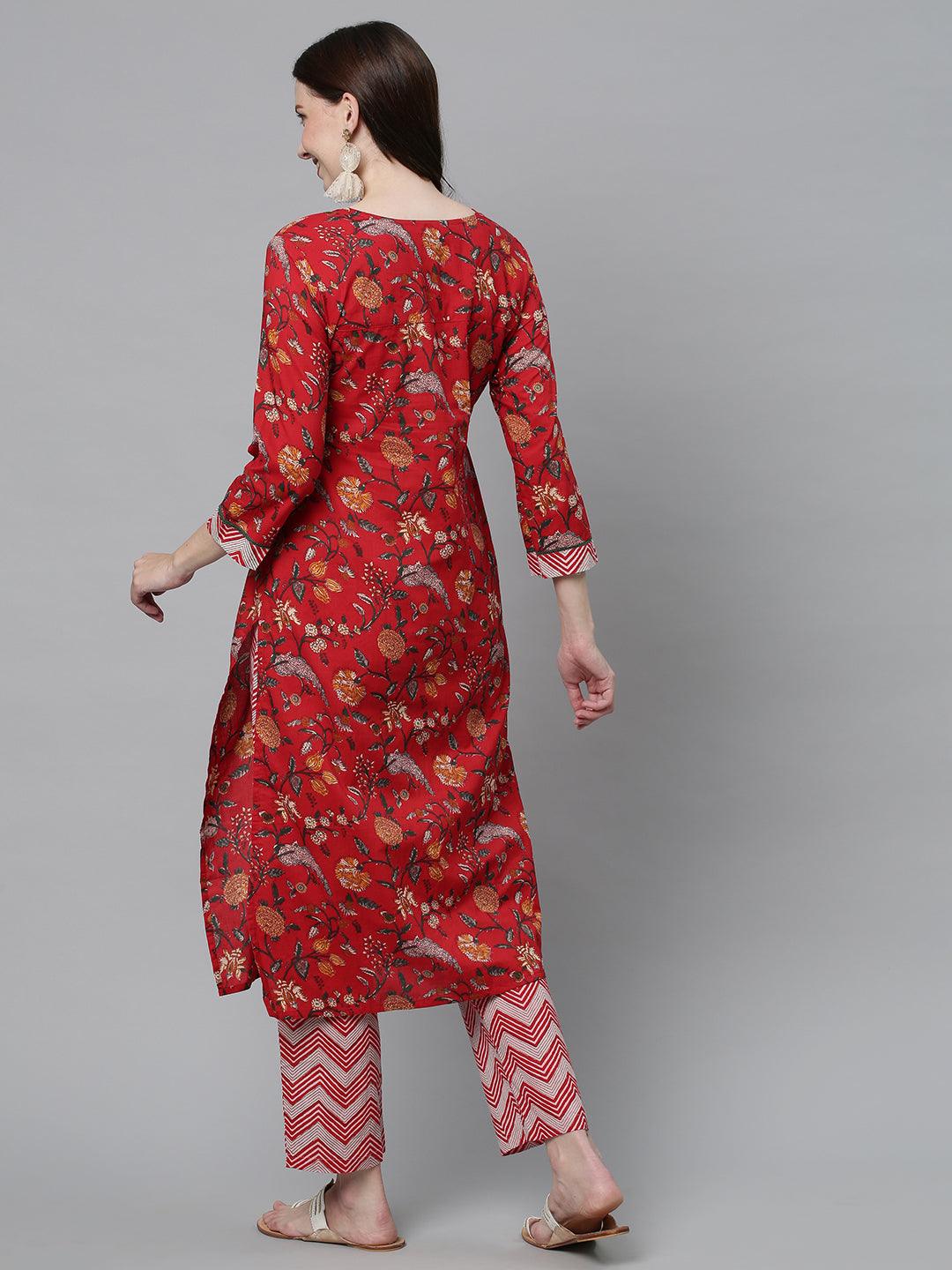 Floral Printed & Embroidered Straight Fit Kurta with Pants - Red - Indiakreations