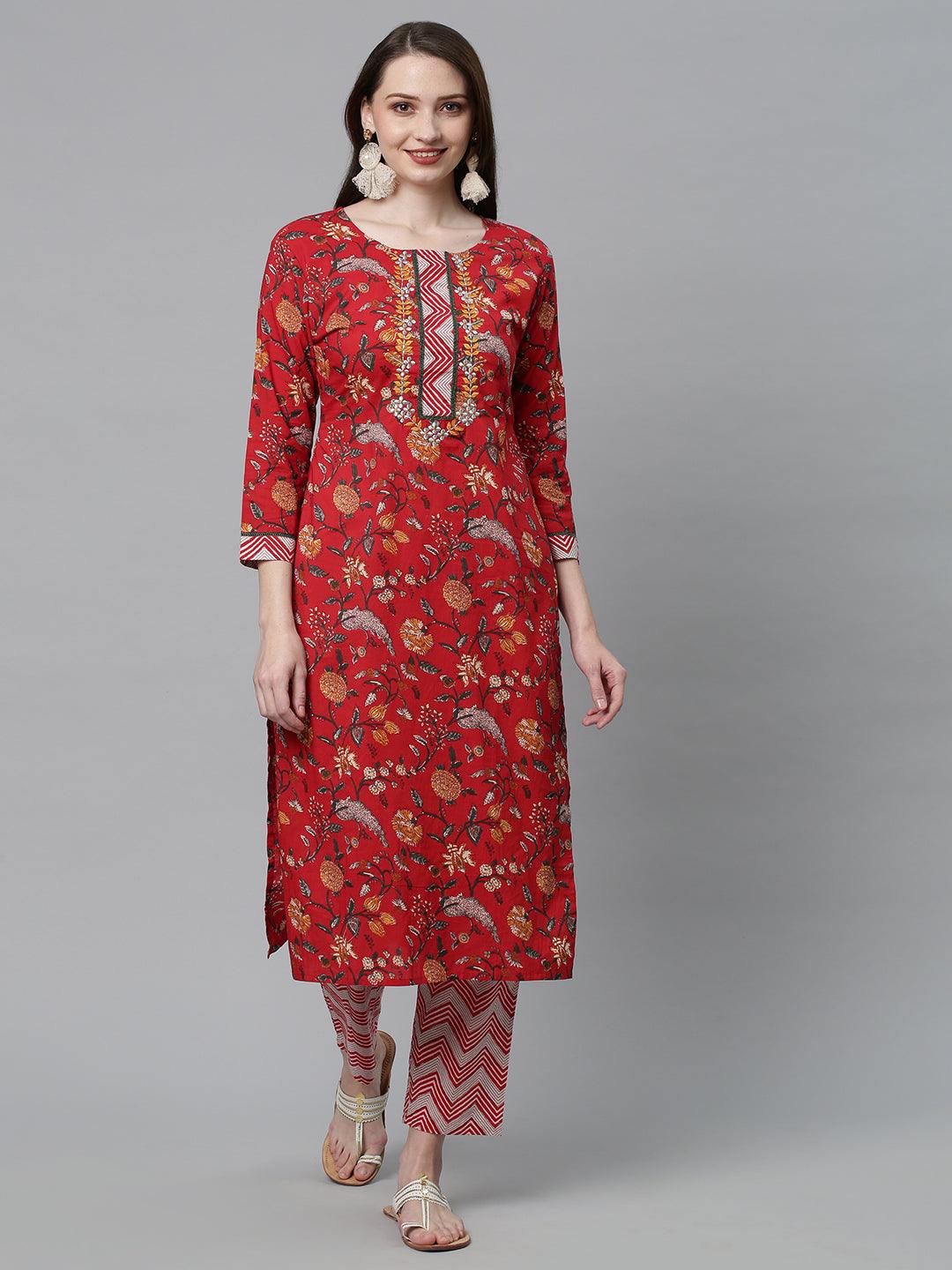 Floral Printed & Embroidered Straight Fit Kurta with Pants - Red - Indiakreations