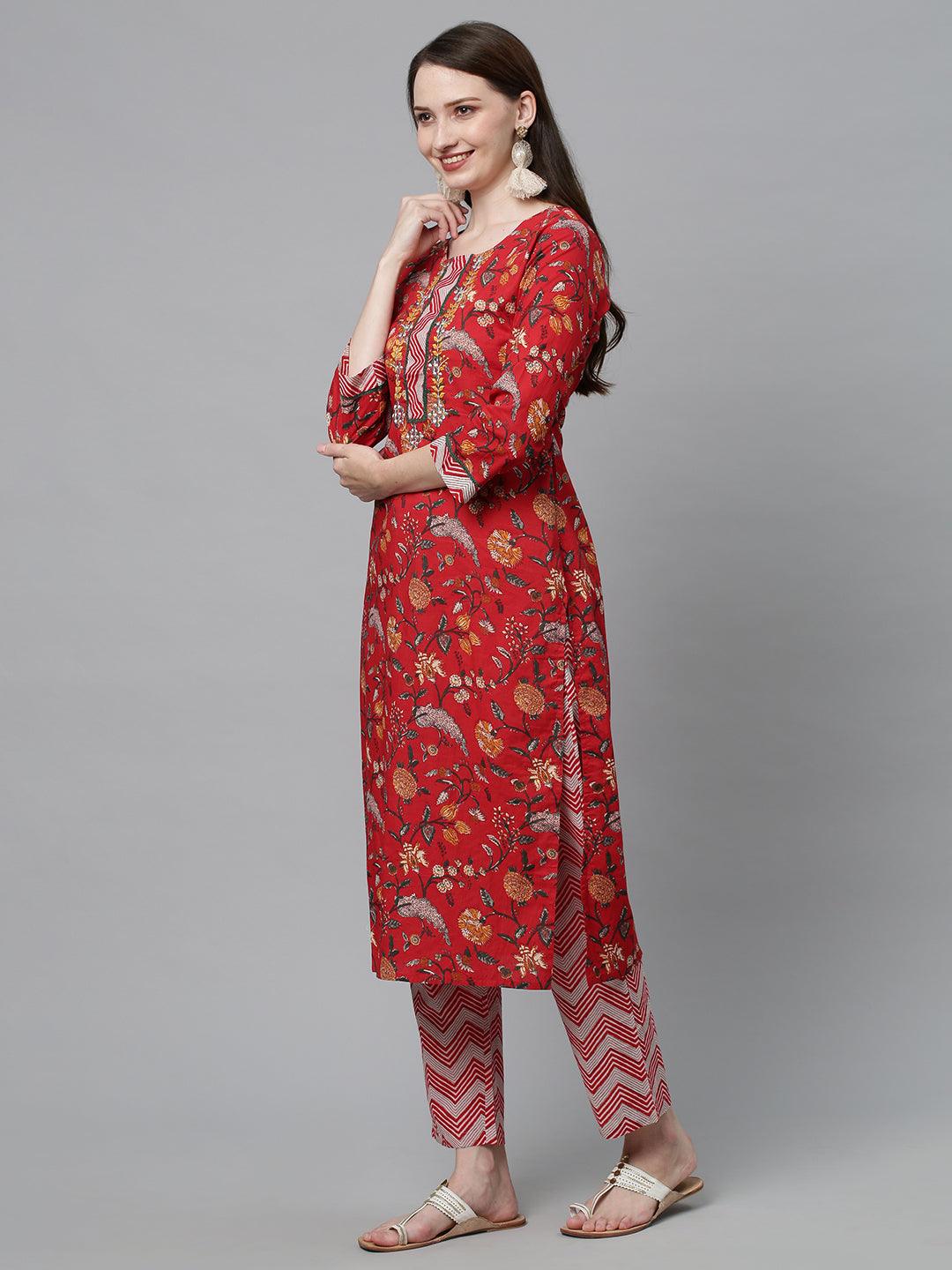 Floral Printed & Embroidered Straight Fit Kurta with Pants - Red - Indiakreations