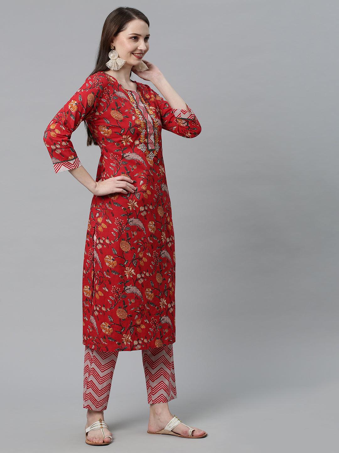 Floral Printed & Embroidered Straight Fit Kurta with Pants - Red - Indiakreations