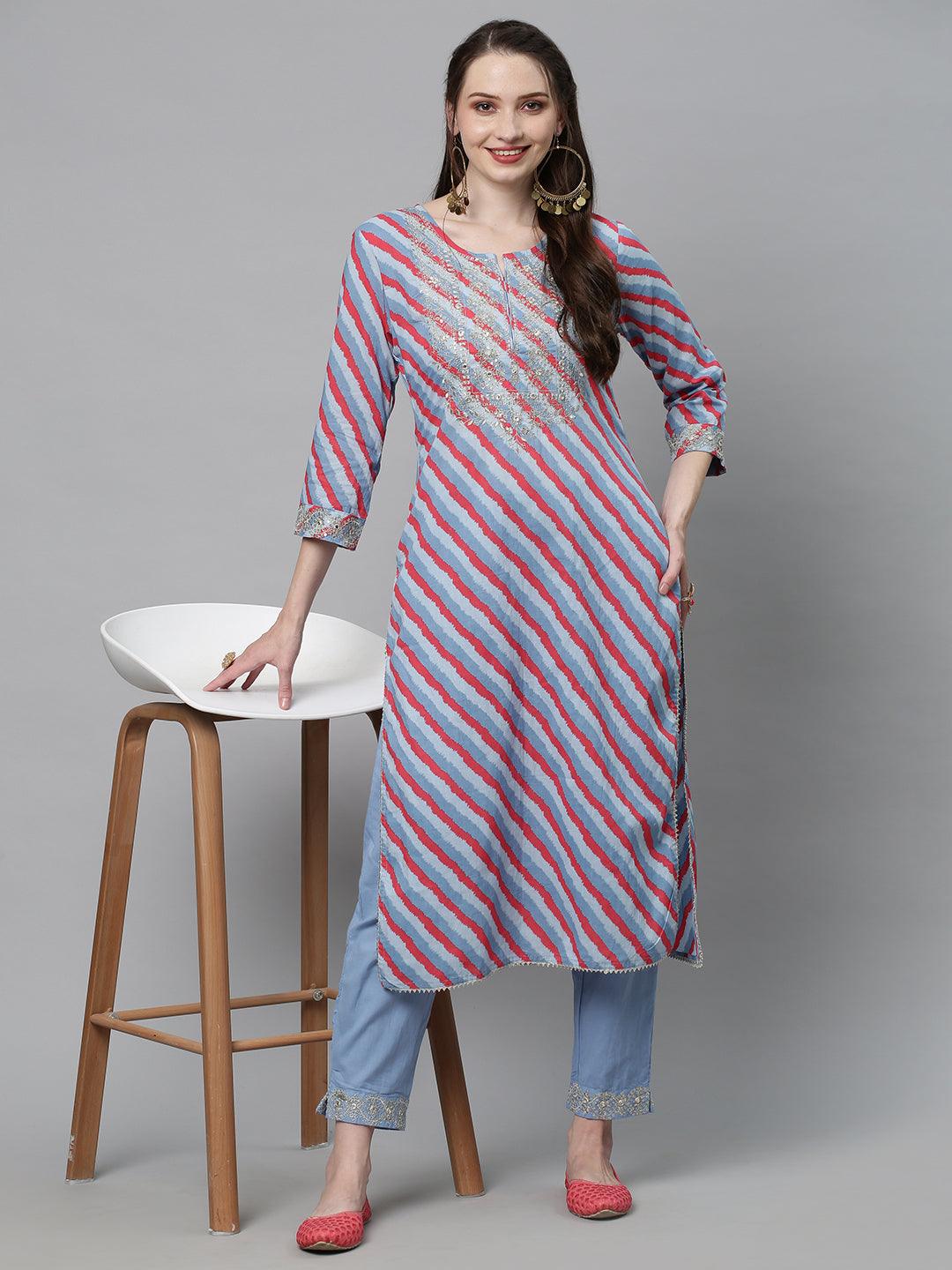 Leheriya Printed & Embroidered Straight Fit Kurta with Pants - Multi - Indiakreations