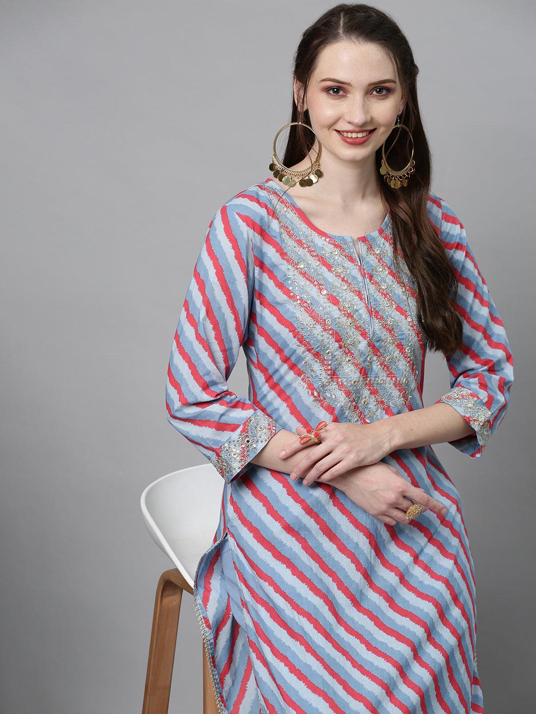 Leheriya Printed & Embroidered Straight Fit Kurta with Pants - Multi - Indiakreations