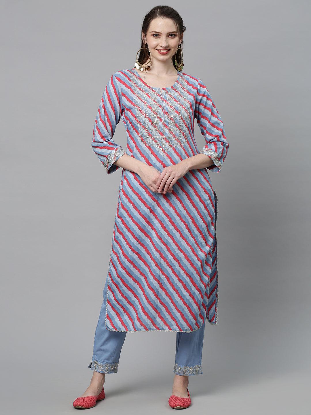 Leheriya Printed & Embroidered Straight Fit Kurta with Pants - Multi - Indiakreations