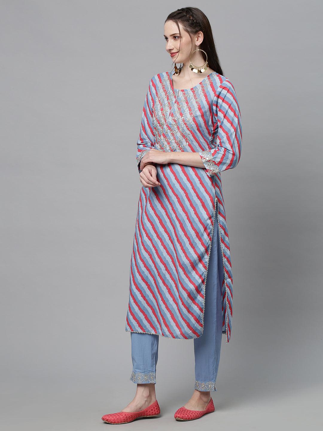 Leheriya Printed & Embroidered Straight Fit Kurta with Pants - Multi - Indiakreations