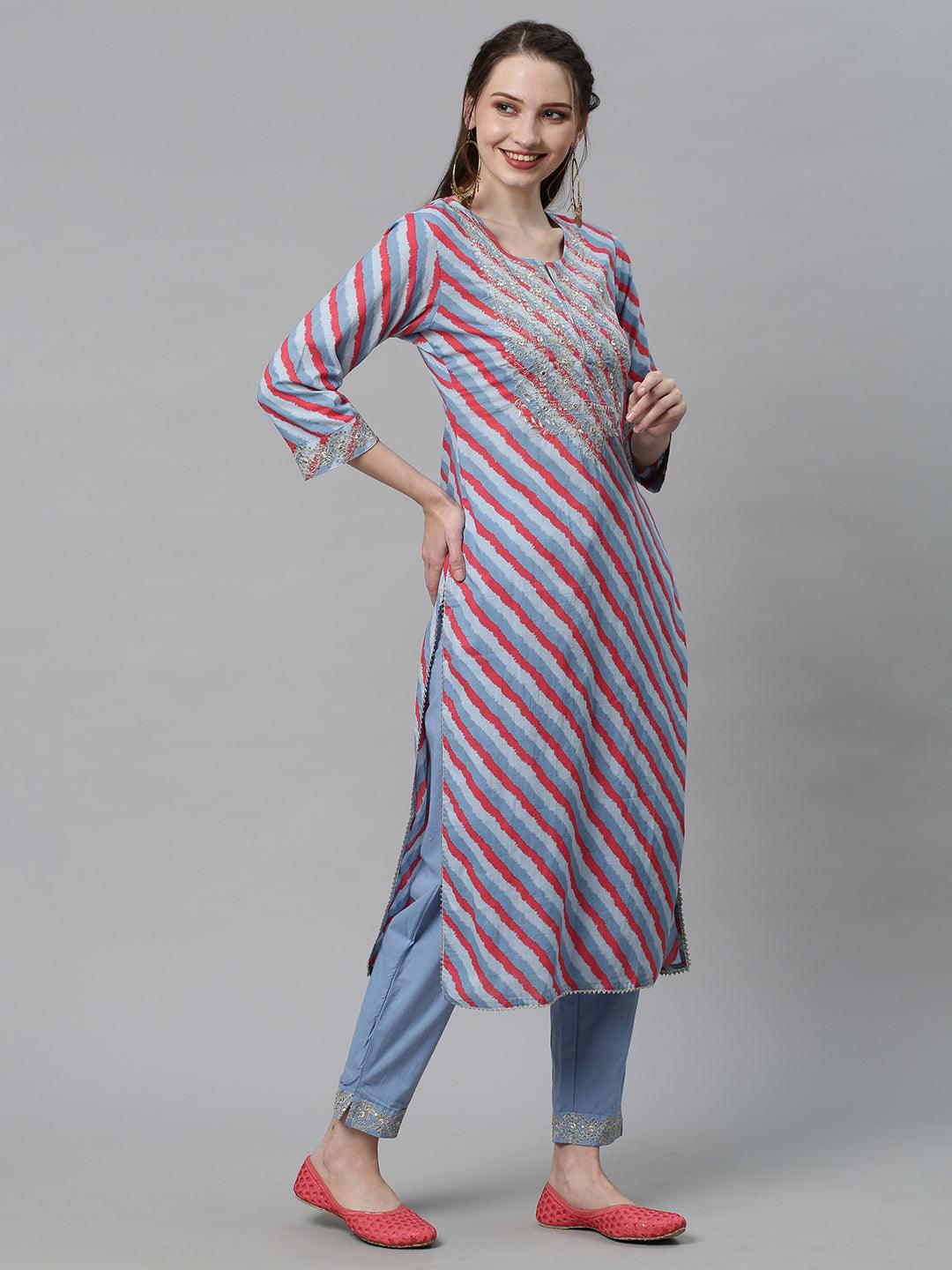 Leheriya Printed & Embroidered Straight Fit Kurta with Pants - Multi - Indiakreations