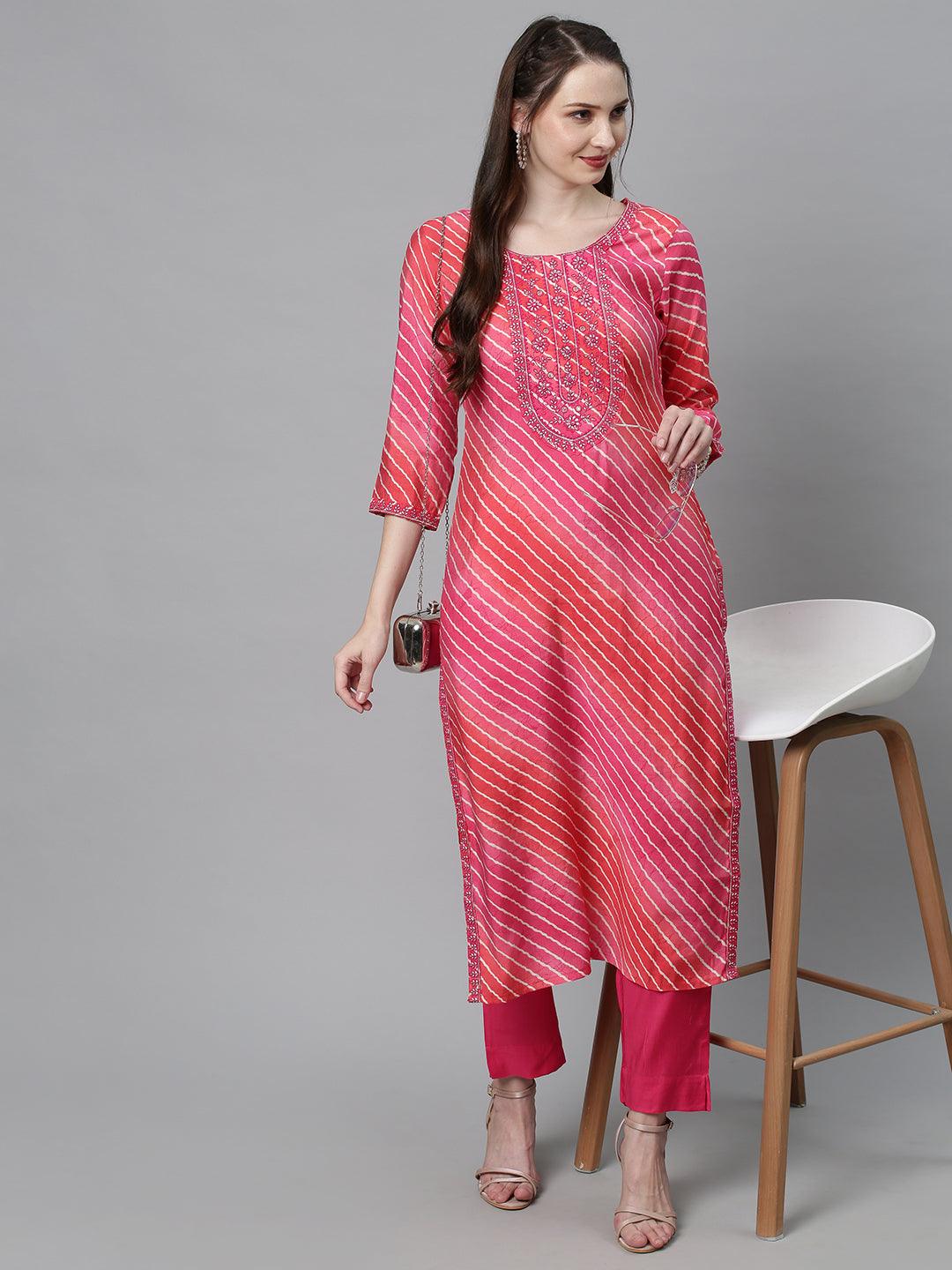 Leheriya Printed & Embroidered Straight Fit Kurta with Pants - Multi - Indiakreations