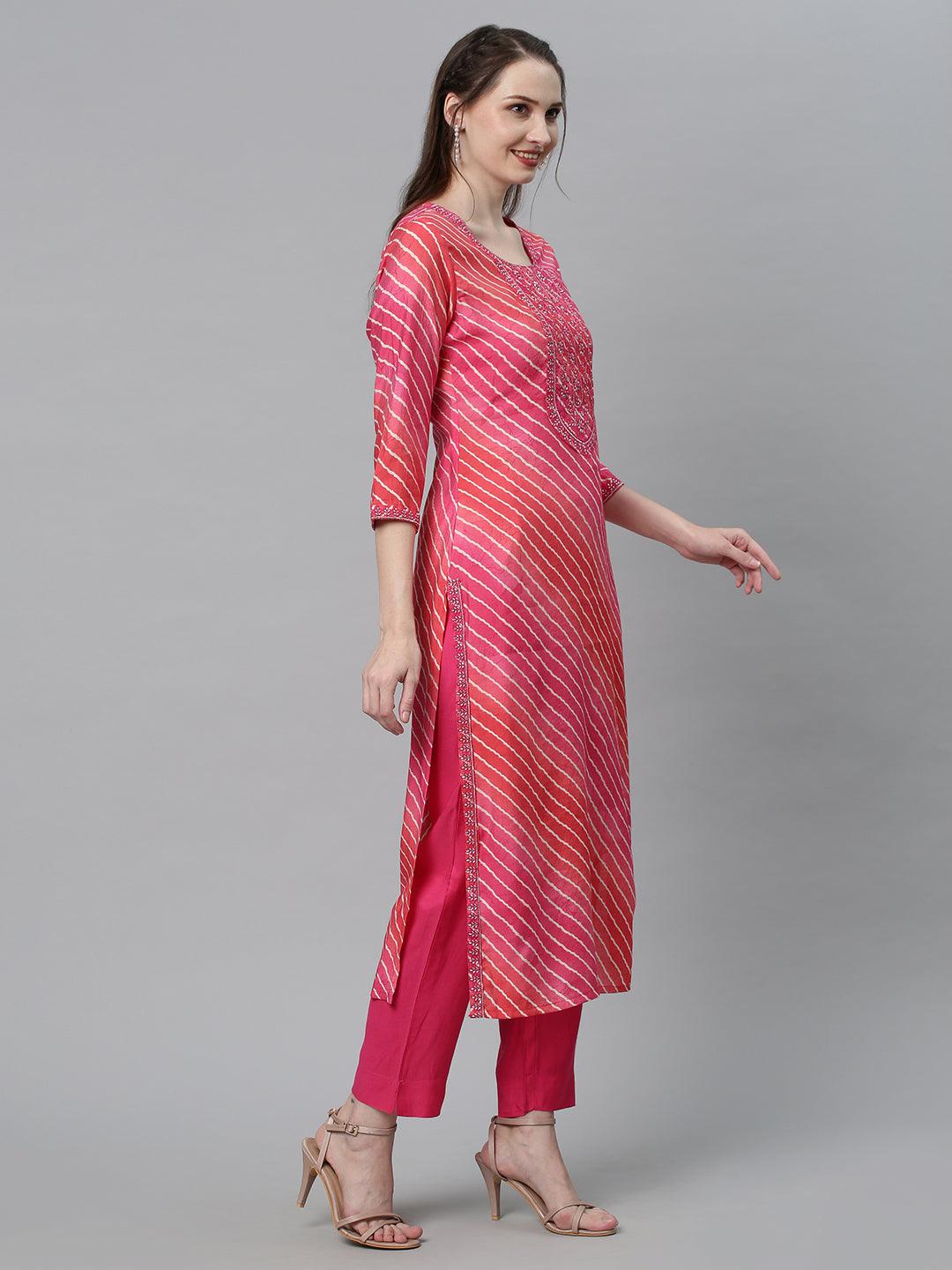 Leheriya Printed & Embroidered Straight Fit Kurta with Pants - Multi - Indiakreations