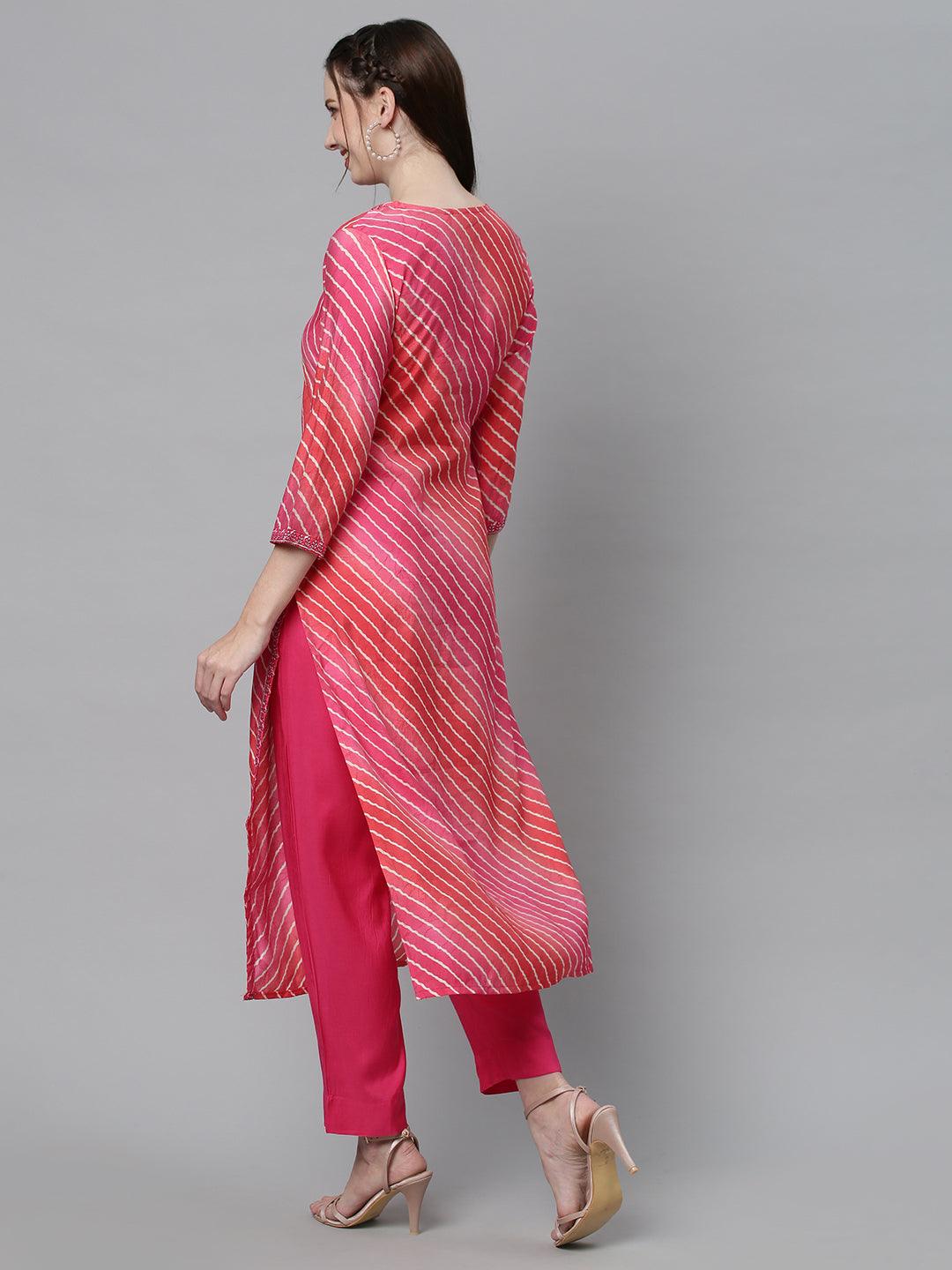 Leheriya Printed & Embroidered Straight Fit Kurta with Pants - Multi - Indiakreations