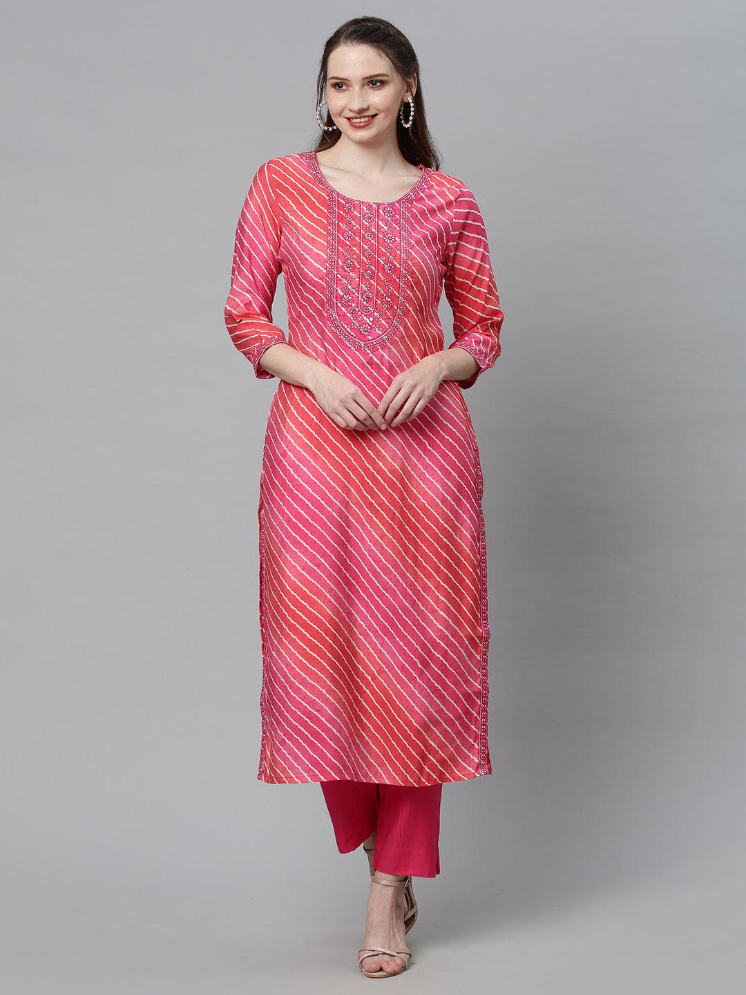 Leheriya Printed & Embroidered Straight Fit Kurta with Pants - Multi - Indiakreations