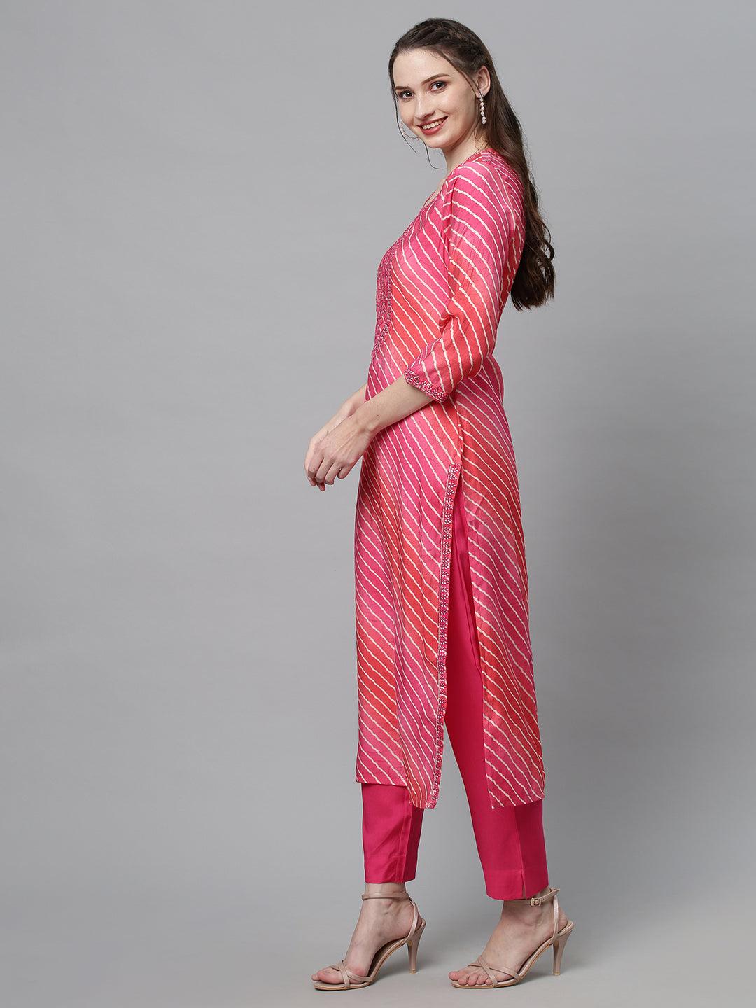 Leheriya Printed & Embroidered Straight Fit Kurta with Pants - Multi - Indiakreations