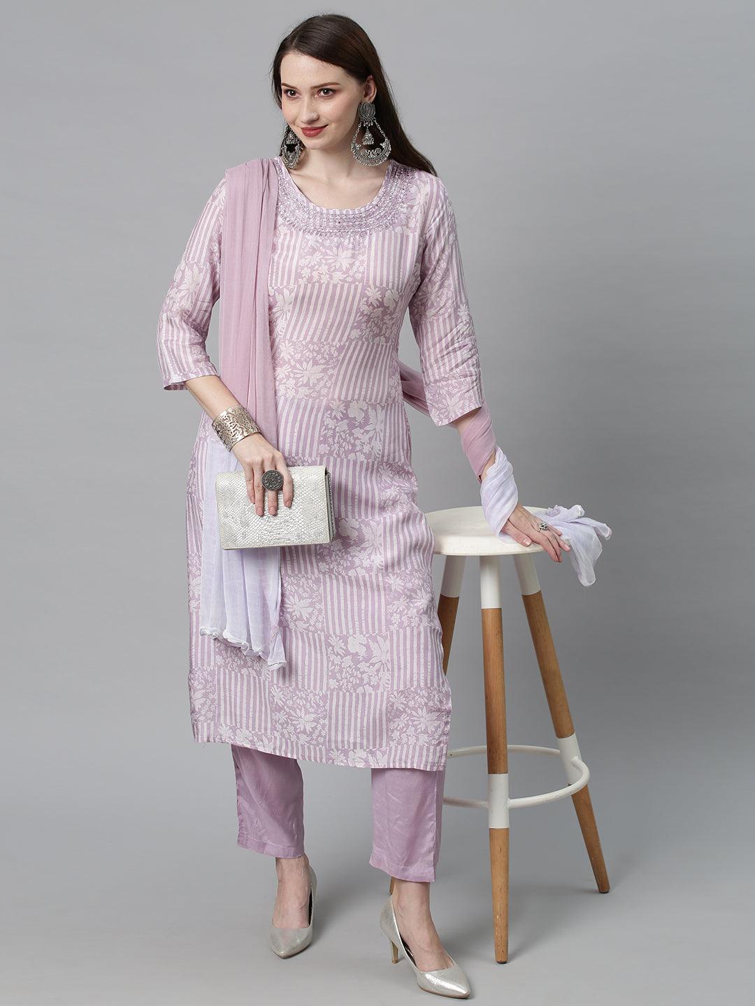 Ethnic Printed & Embroidered Kurta with Pants & Dupatta - Lilac Purple - Indiakreations