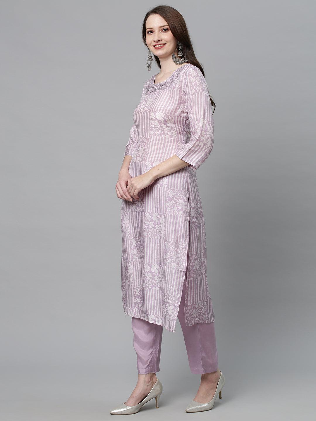 Ethnic Printed & Embroidered Kurta with Pants & Dupatta - Lilac Purple - Indiakreations