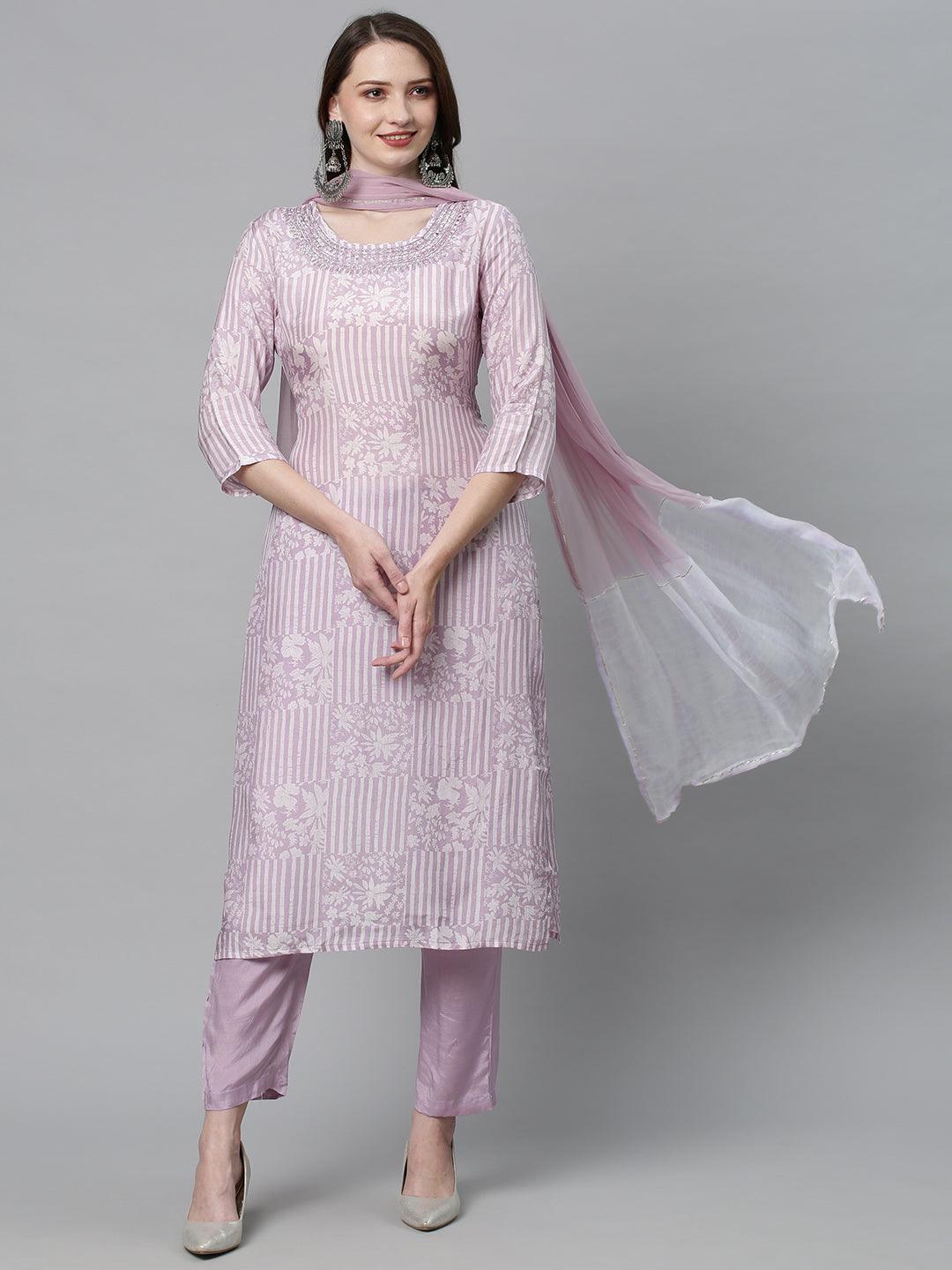 Ethnic Printed & Embroidered Kurta with Pants & Dupatta - Lilac Purple - Indiakreations