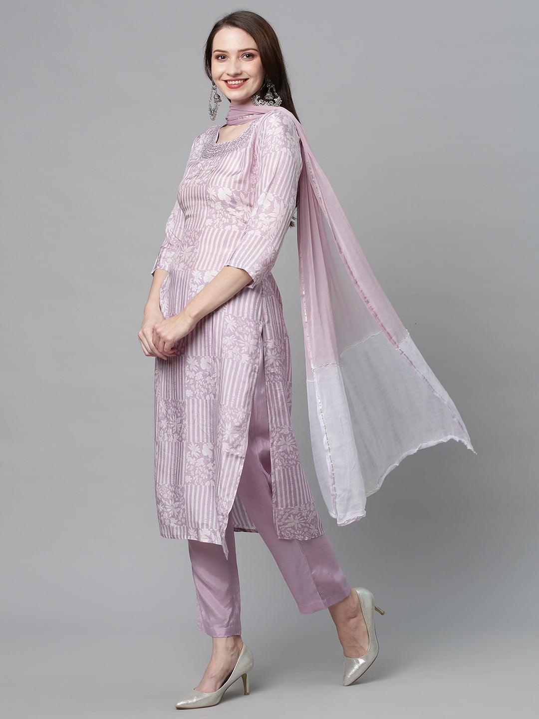 Ethnic Printed & Embroidered Kurta with Pants & Dupatta - Lilac Purple - Indiakreations