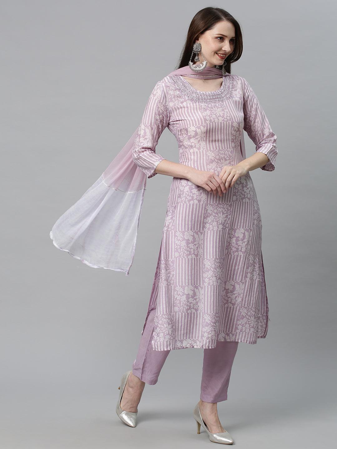 Ethnic Printed & Embroidered Kurta with Pants & Dupatta - Lilac Purple - Indiakreations