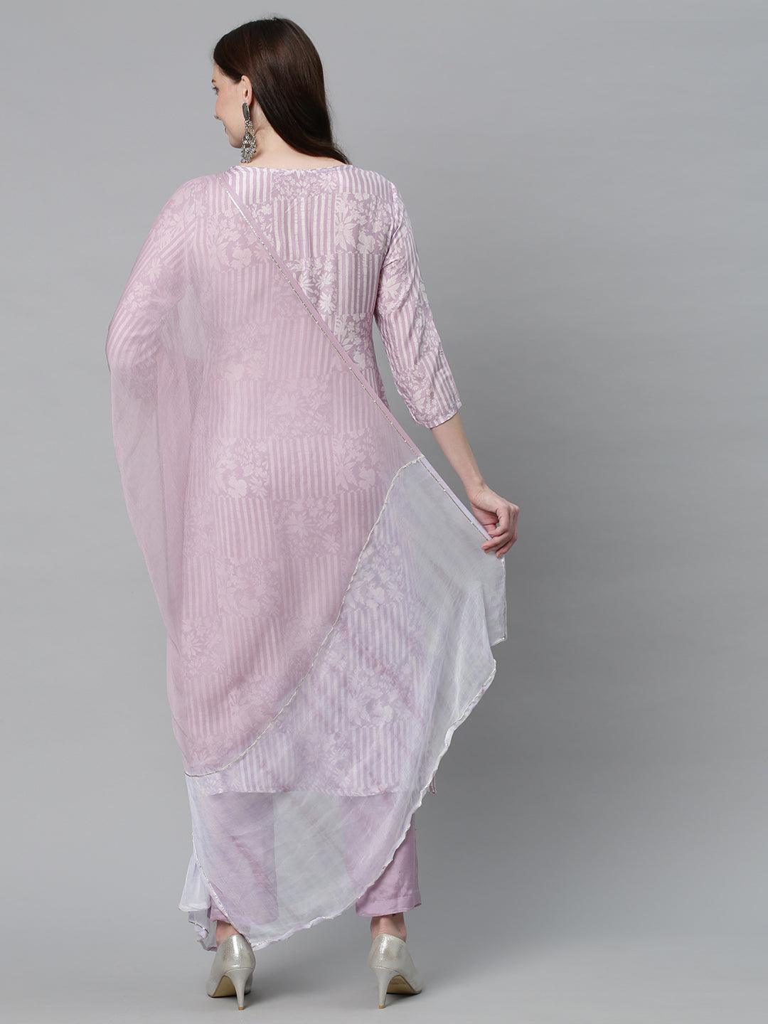 Ethnic Printed & Embroidered Kurta with Pants & Dupatta - Lilac Purple - Indiakreations