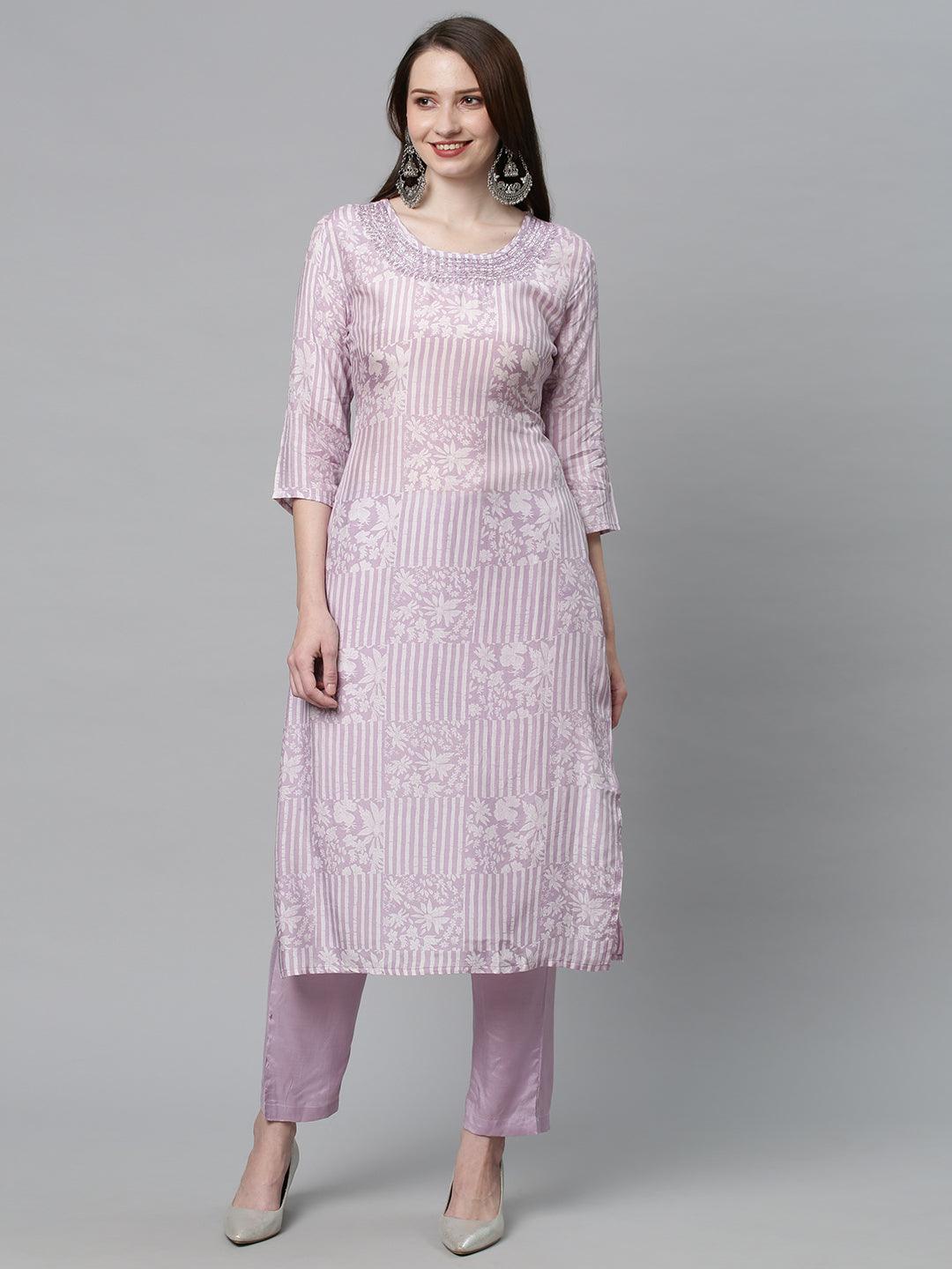 Ethnic Printed & Embroidered Kurta with Pants & Dupatta - Lilac Purple - Indiakreations