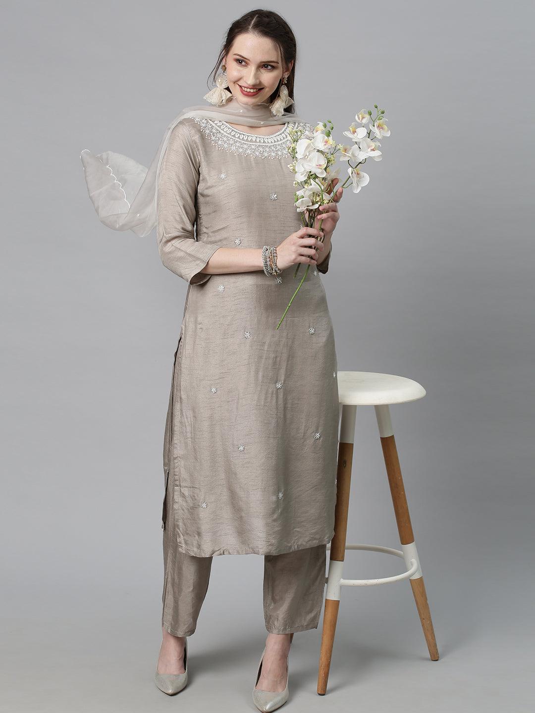 Ethnic Hand Embroidered Kurta with Pants & Dupatta - Light Taupe - Indiakreations