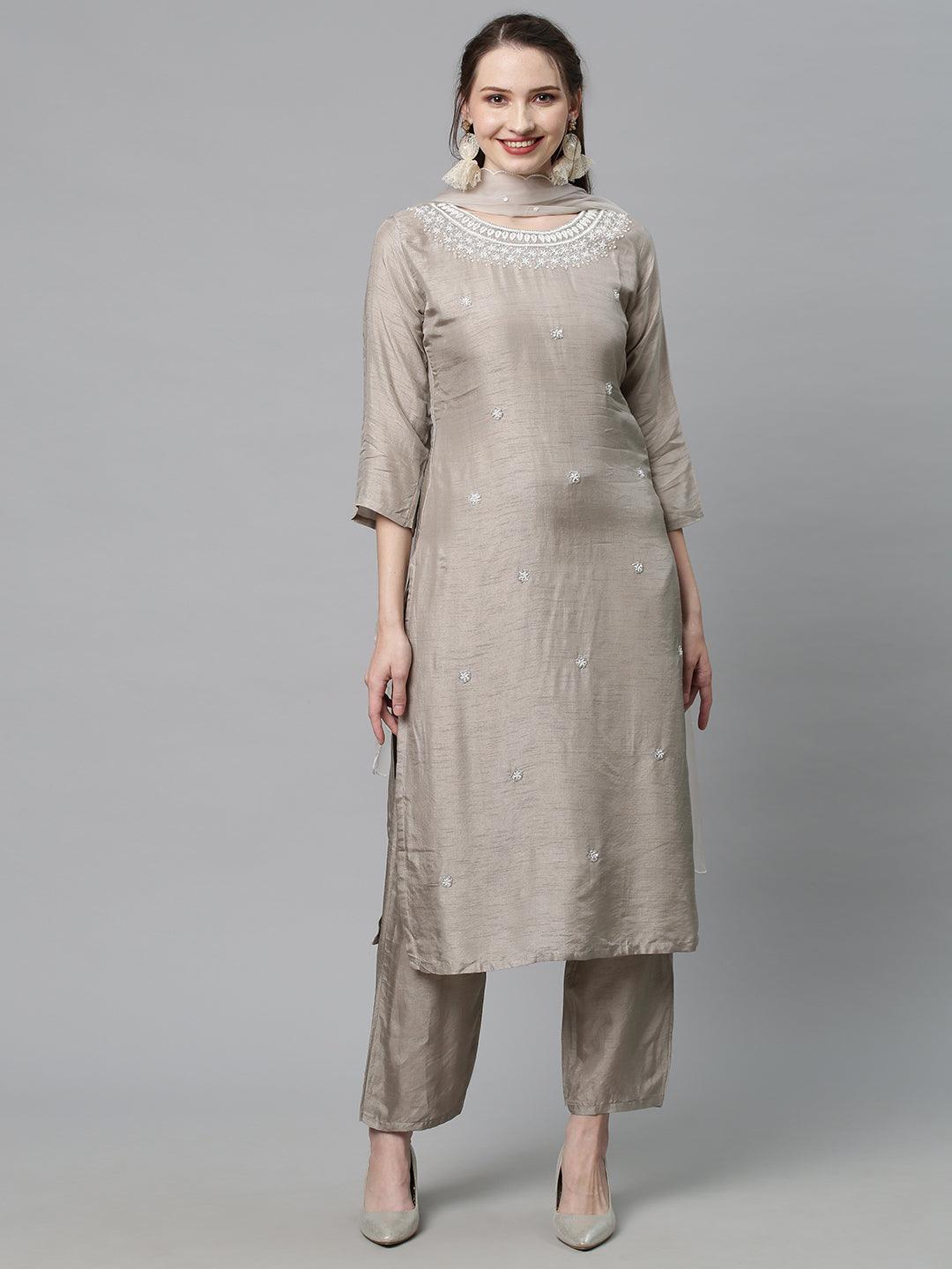 Ethnic Hand Embroidered Kurta with Pants & Dupatta - Light Taupe - Indiakreations