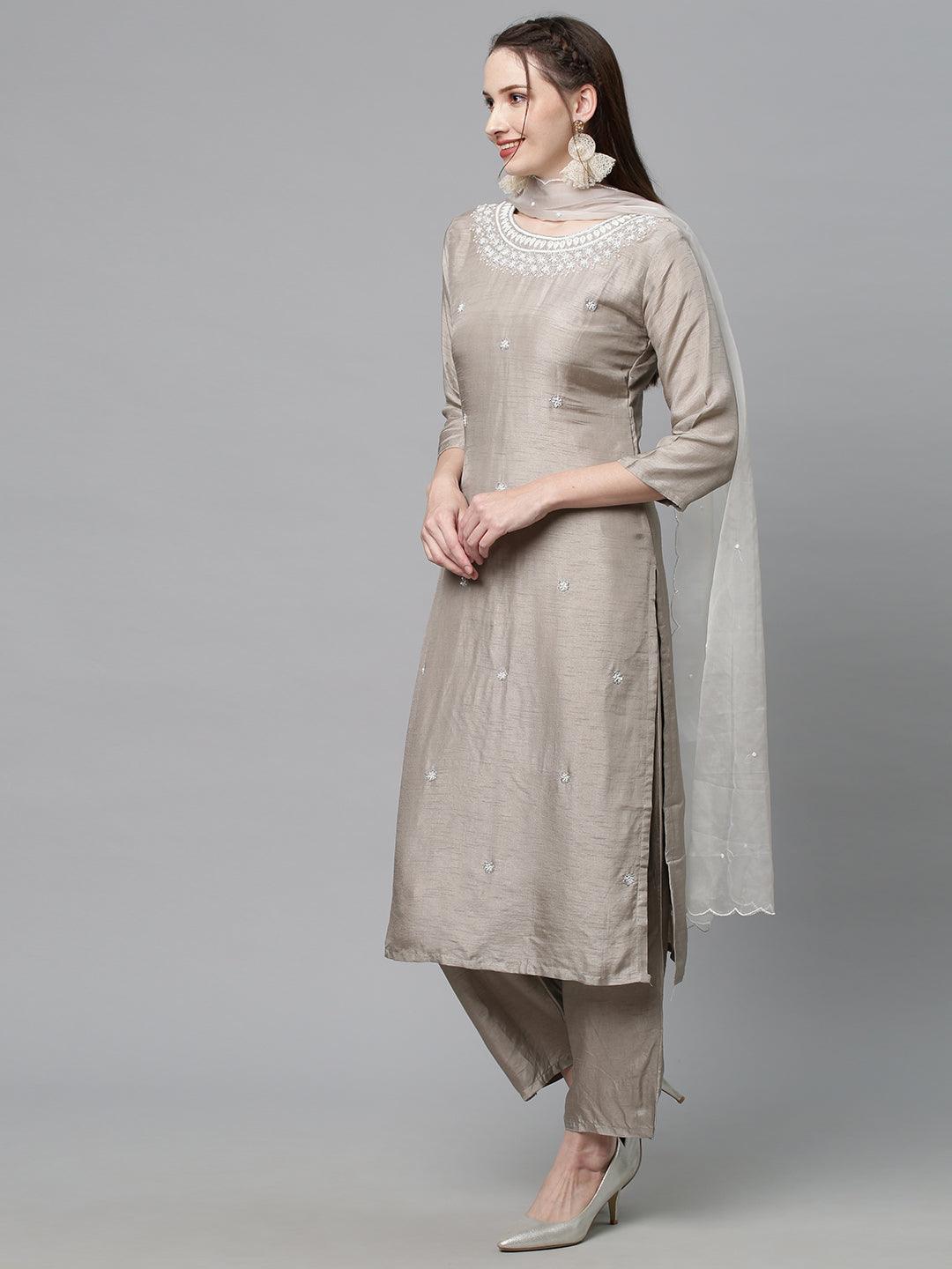 Ethnic Hand Embroidered Kurta with Pants & Dupatta - Light Taupe - Indiakreations