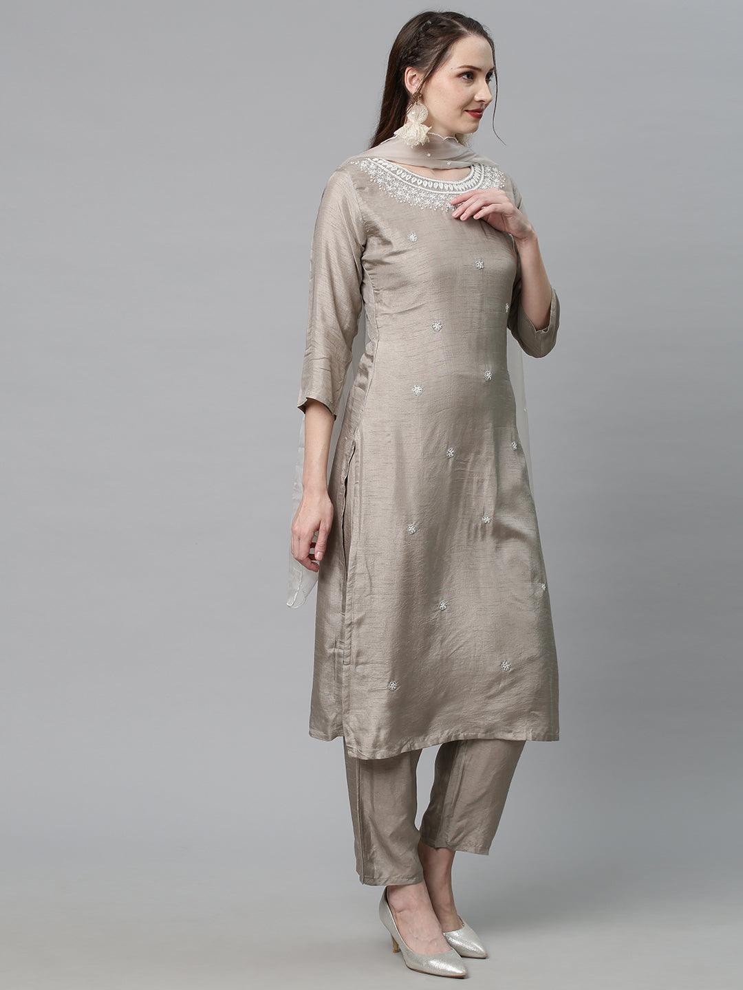 Ethnic Hand Embroidered Kurta with Pants & Dupatta - Light Taupe - Indiakreations