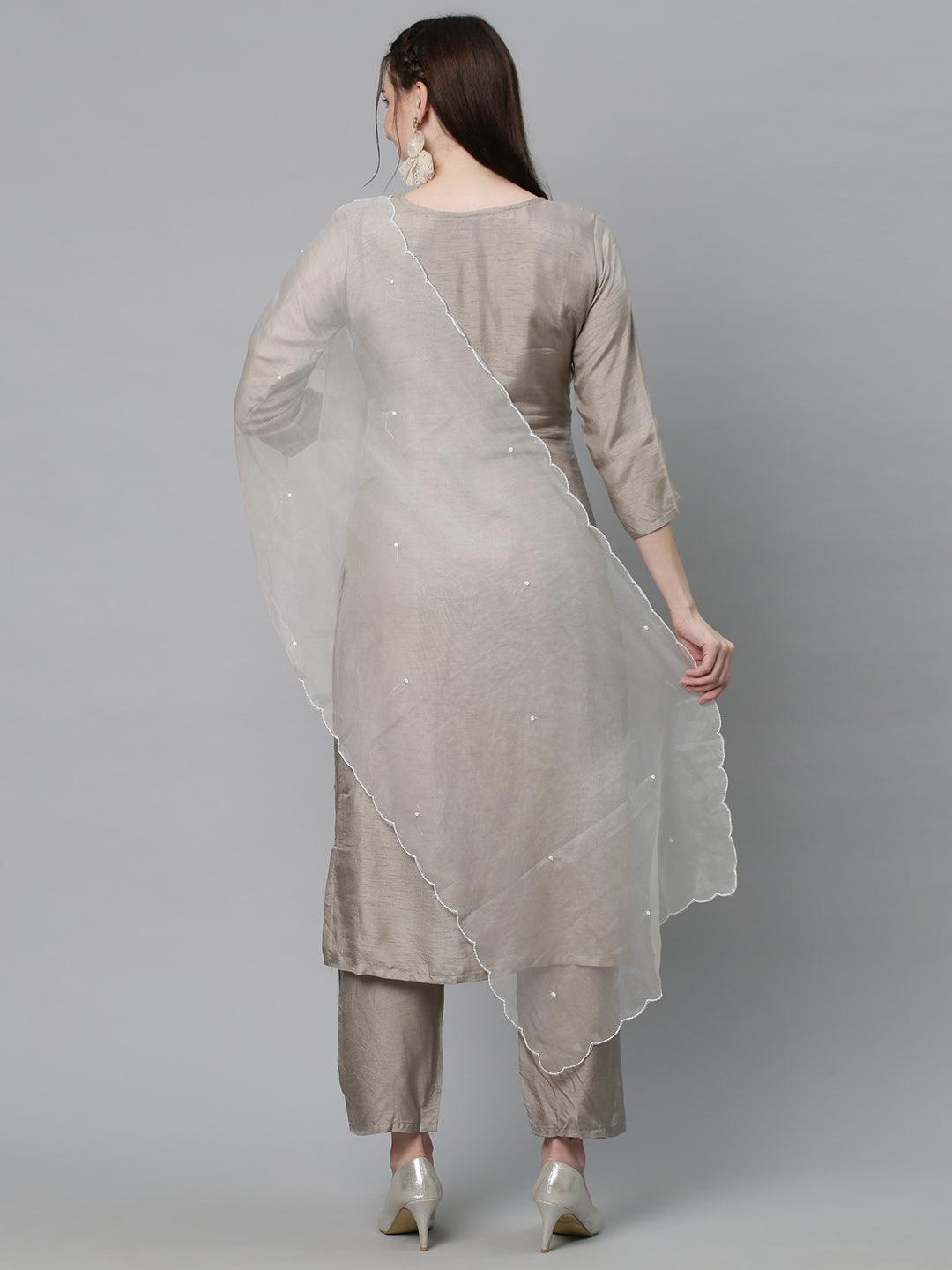 Ethnic Hand Embroidered Kurta with Pants & Dupatta - Light Taupe - Indiakreations