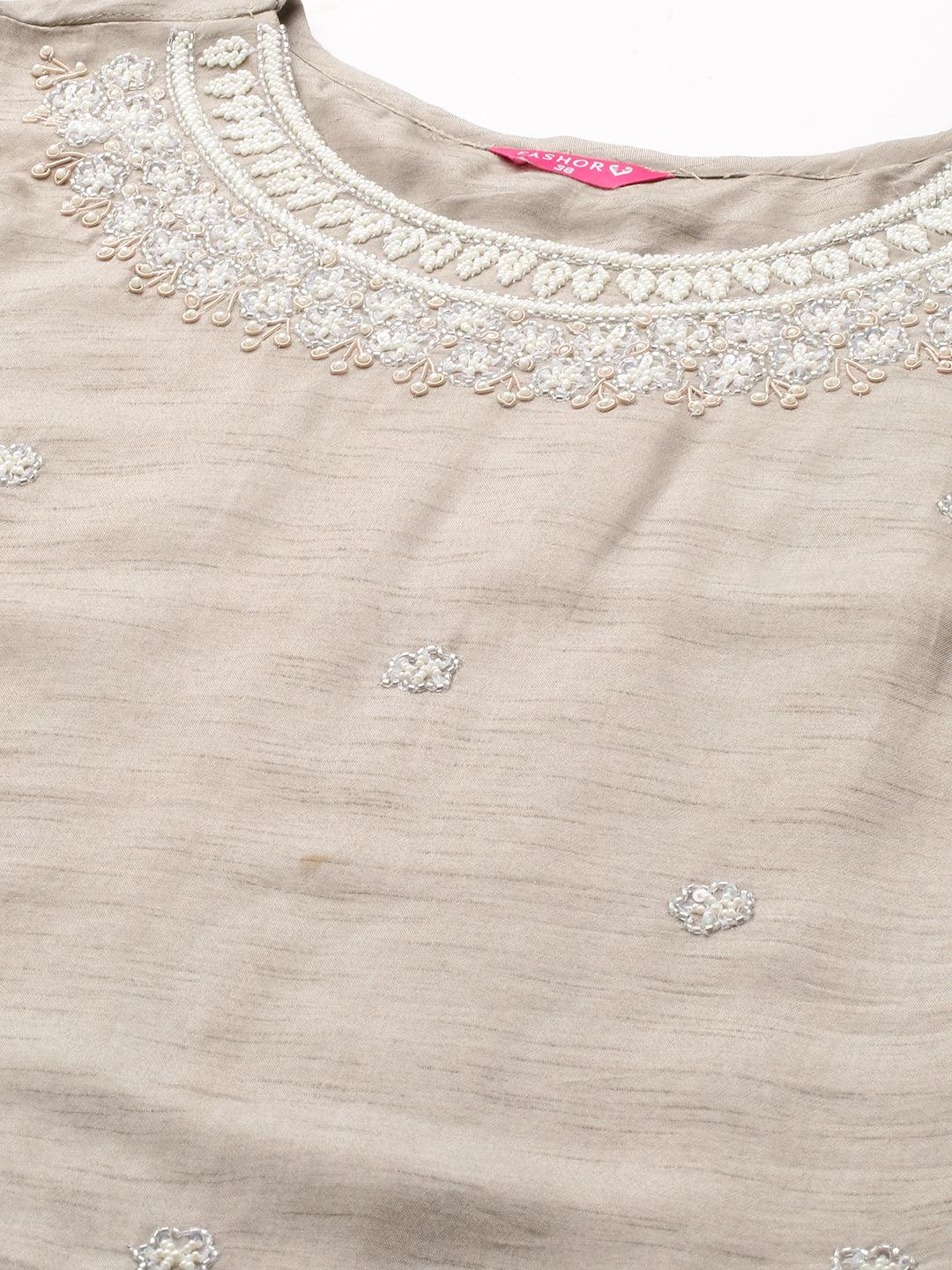 Ethnic Hand Embroidered Kurta with Pants & Dupatta - Light Taupe - Indiakreations