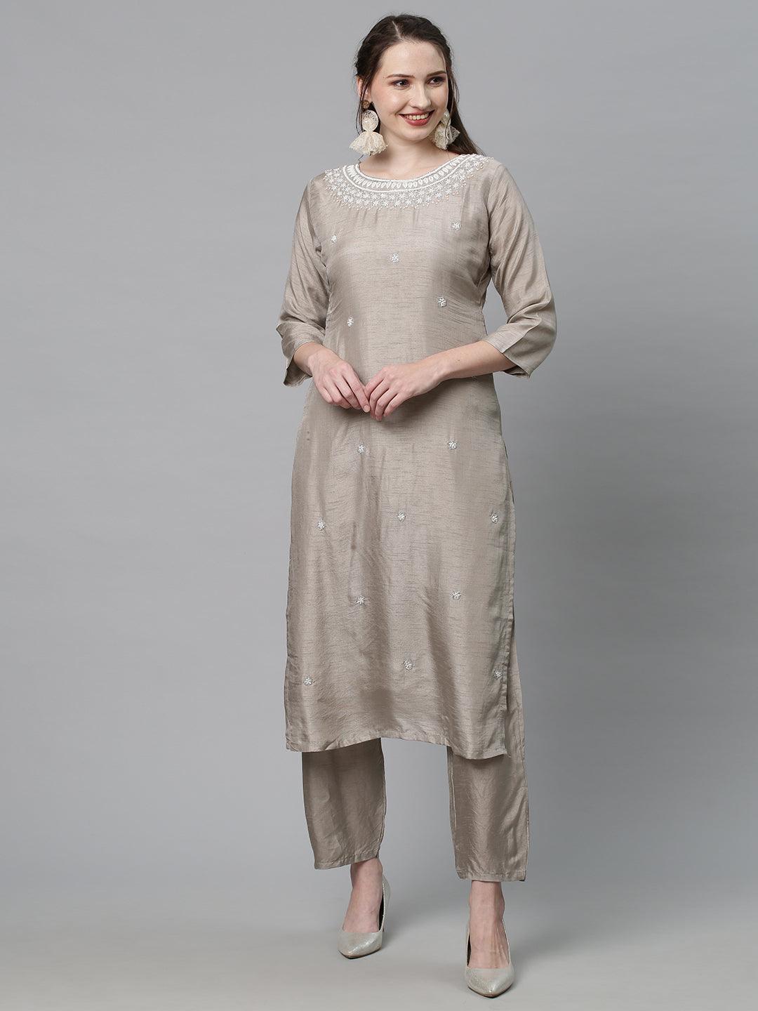 Ethnic Hand Embroidered Kurta with Pants & Dupatta - Light Taupe - Indiakreations