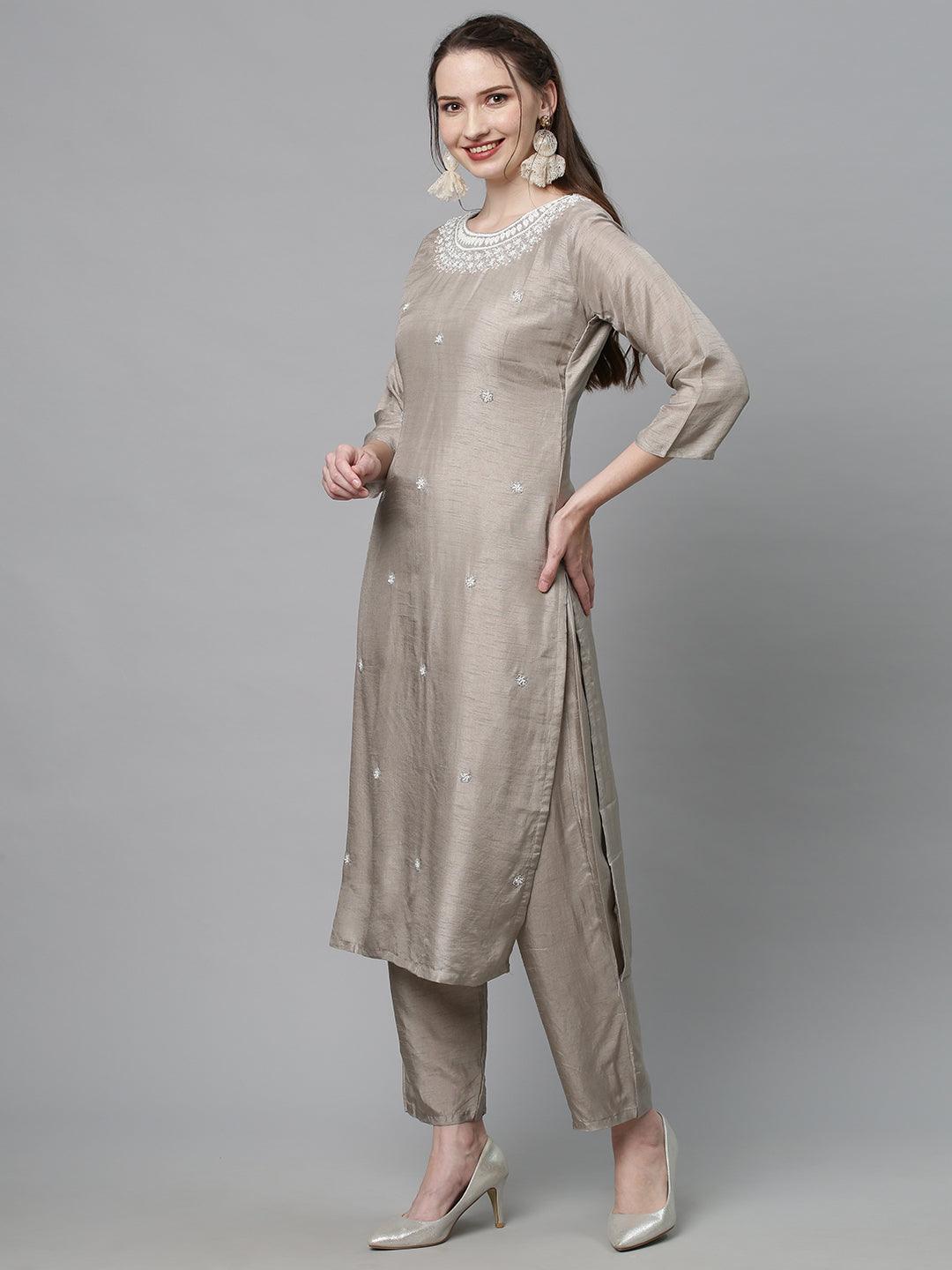 Ethnic Hand Embroidered Kurta with Pants & Dupatta - Light Taupe - Indiakreations