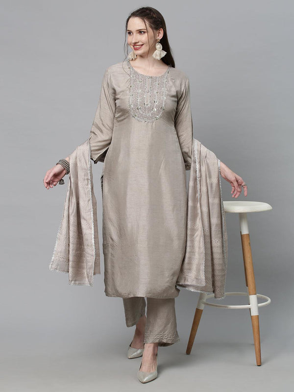 Ethnic Hand Embroidered Kurta with Pants & Dupatta - Light Taupe - Indiakreations