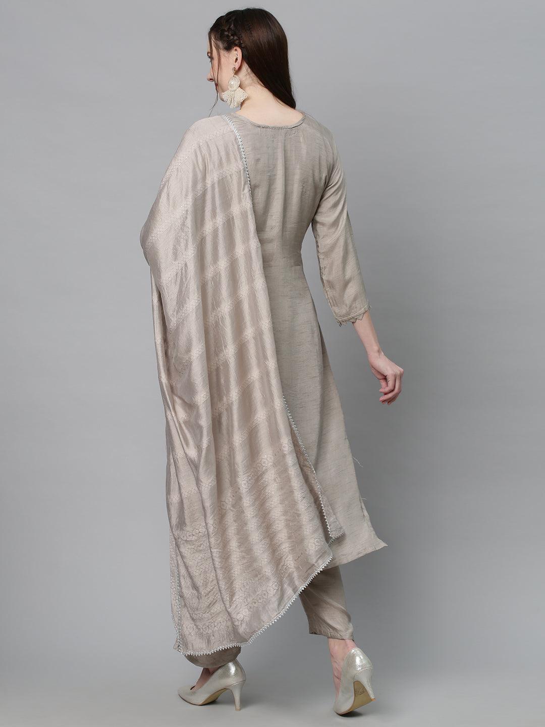 Ethnic Hand Embroidered Kurta with Pants & Dupatta - Light Taupe - Indiakreations