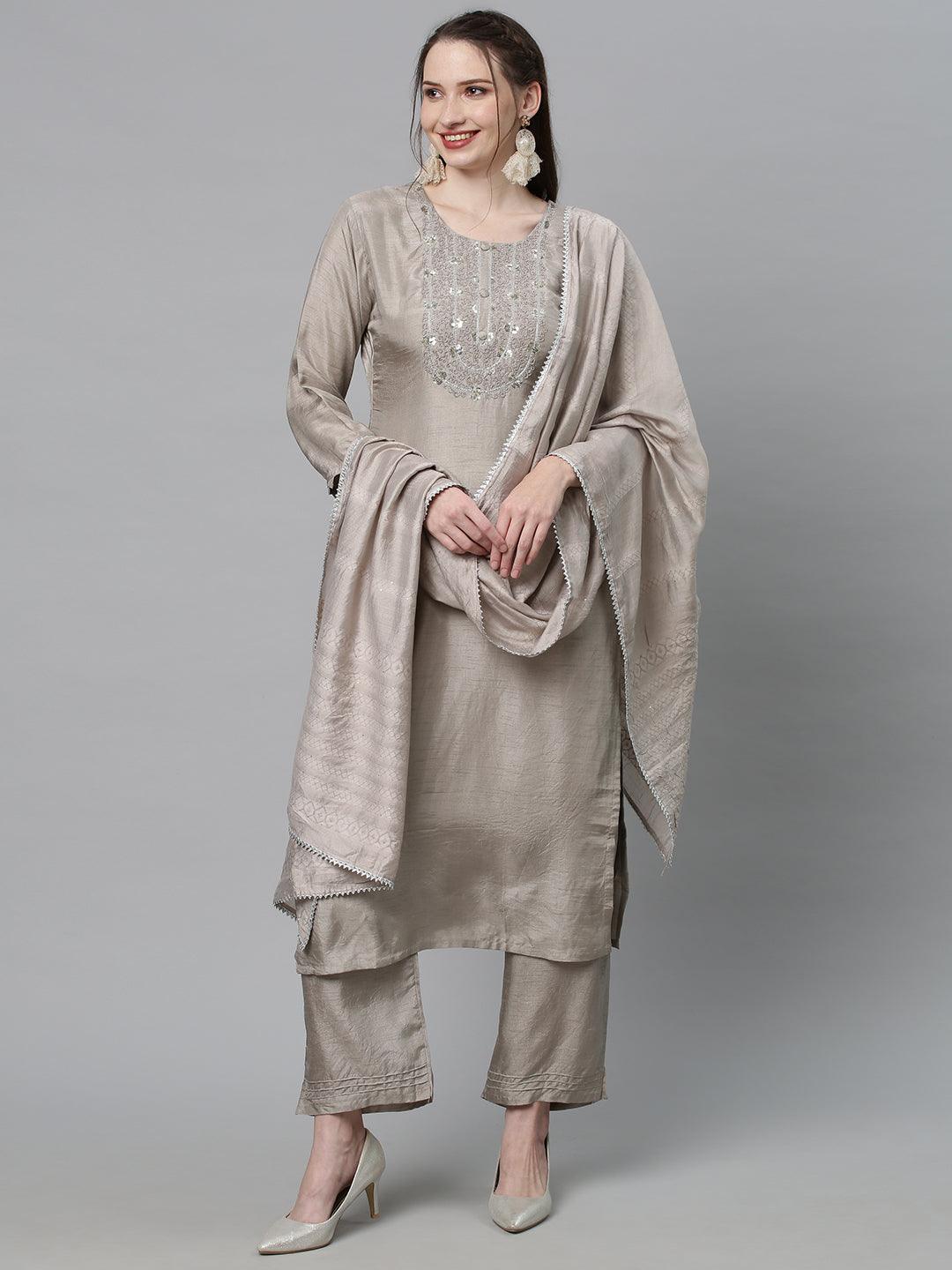 Ethnic Hand Embroidered Kurta with Pants & Dupatta - Light Taupe - Indiakreations